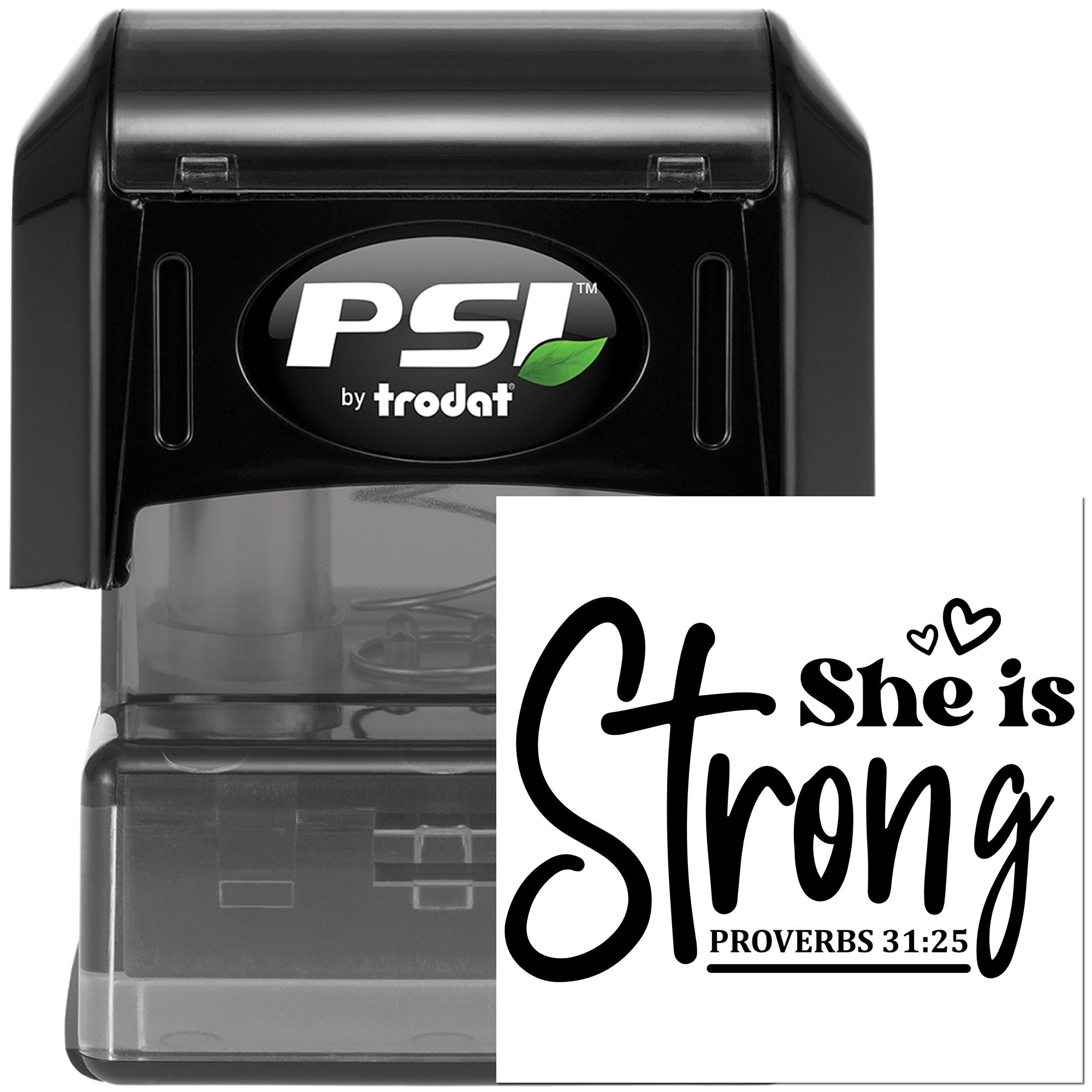 Self-inking rubber stamp with She is Strong Proverbs 31:25 design by PSI Trodat for faith-based crafting and gifts.