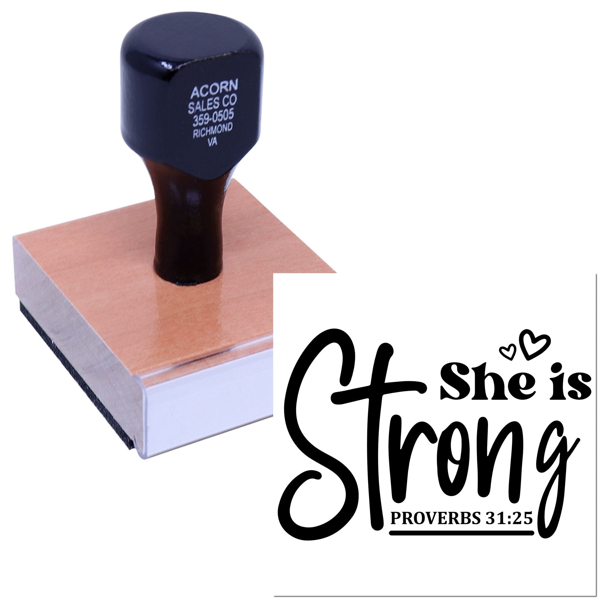 Custom rubber stamp with She Is Strong Proverbs 31:25 design for Christian cards, crafts, and faith-based gift packaging.