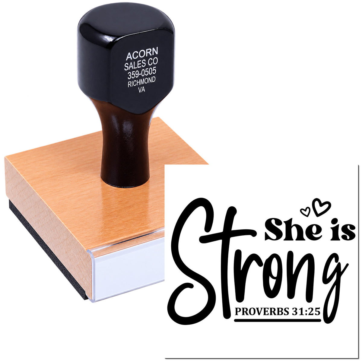 Custom rubber stamp with She Is Strong Proverbs 31:25 design for Christian cards, crafts, and faith-based gift packaging.