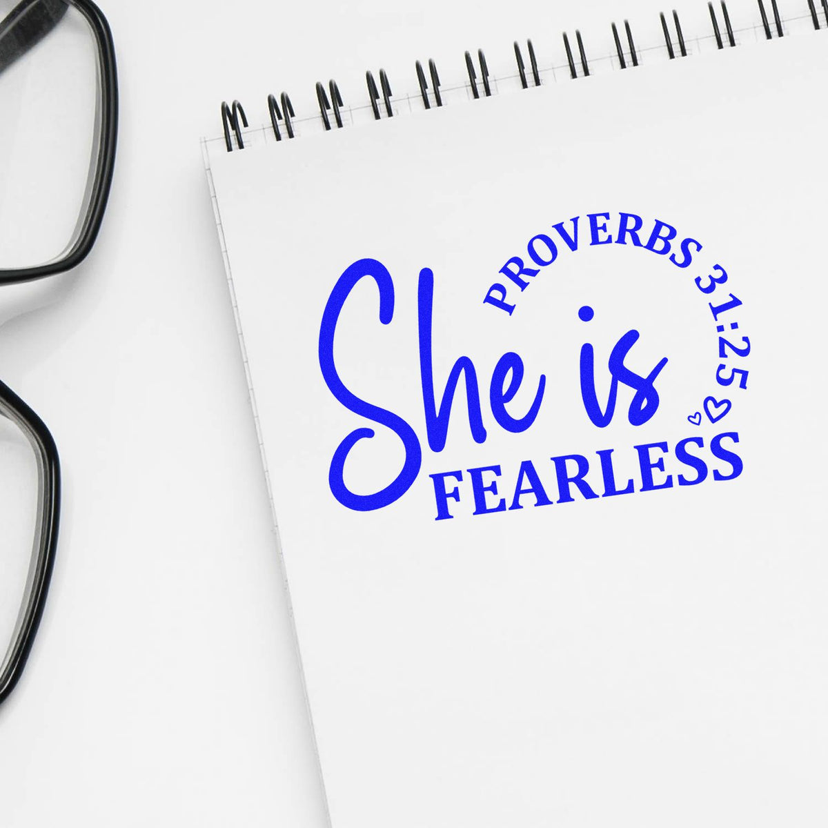 She Is Fearless Script rubber stamp shown in blue ink, stamped for projects such as female firefighter gifts.