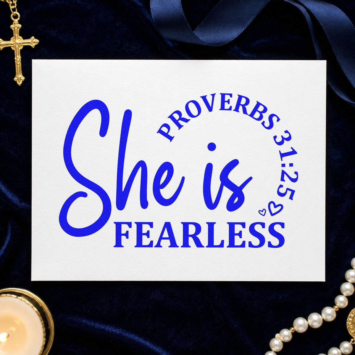 She Is Fearless Script craft stamp imprinted in blue ink on paper, a design suited to solo hike gifts.