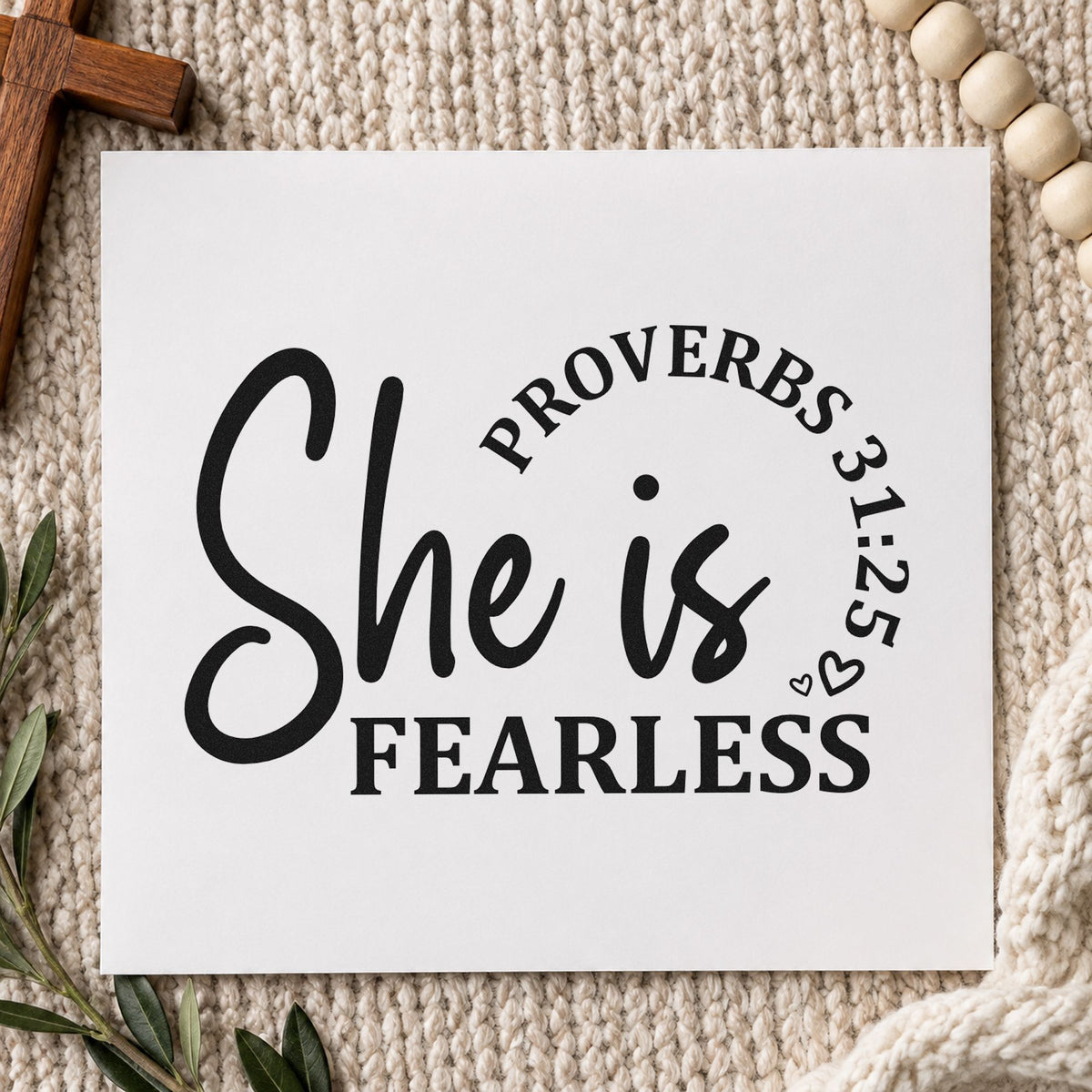 She Is Fearless Script rubber stamp printed in black ink, ready for curved verse cards and similar paper crafts.