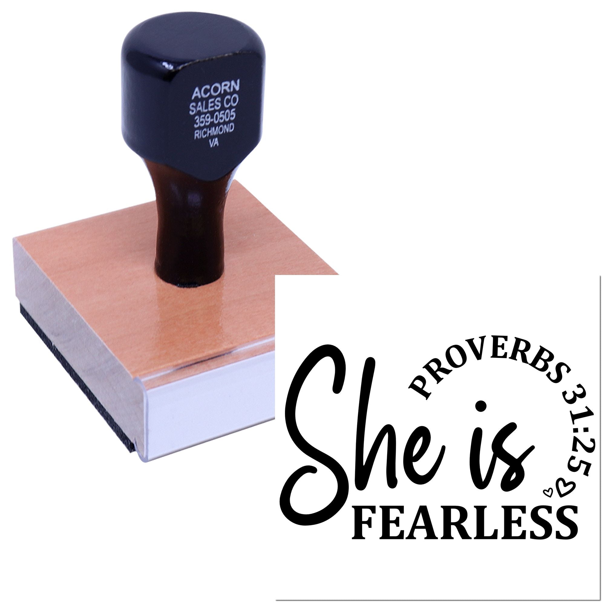 Custom rubber stamp with She Is Fearless design for personalized crafts, branding, and inspirational business use.