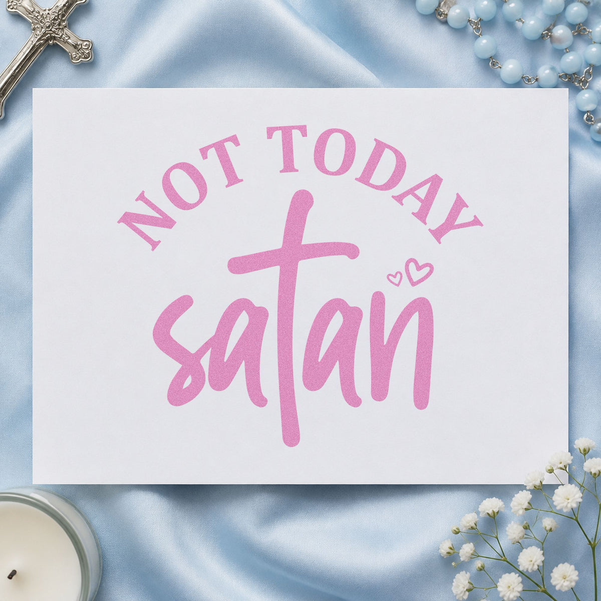 Not Today Satan Cross craft stamp in purple ink on cardstock, an easy option for chemo bag tags.