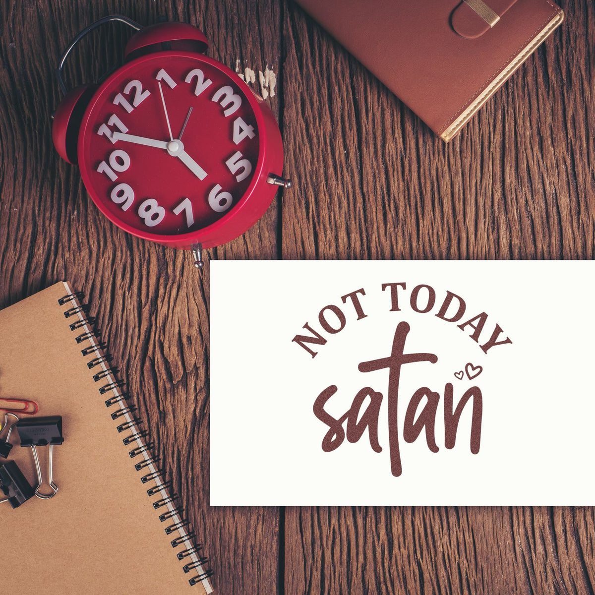 Not Today Satan Cross rubber stamp shown in black ink, stamped for projects such as chemo bag tags.