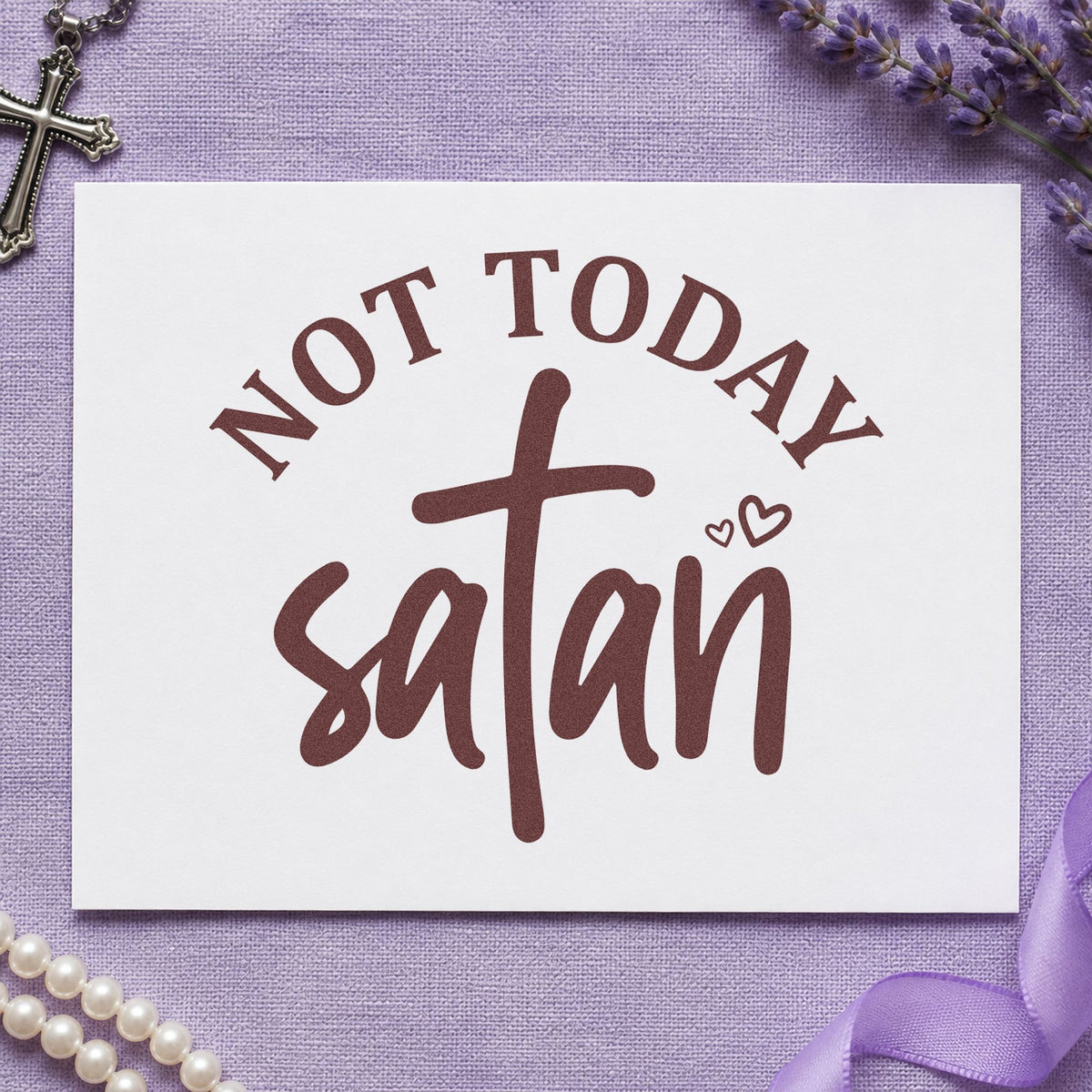 Not Today Satan Cross rubber stamp printed in brown ink, ready for victory pages and similar paper crafts.