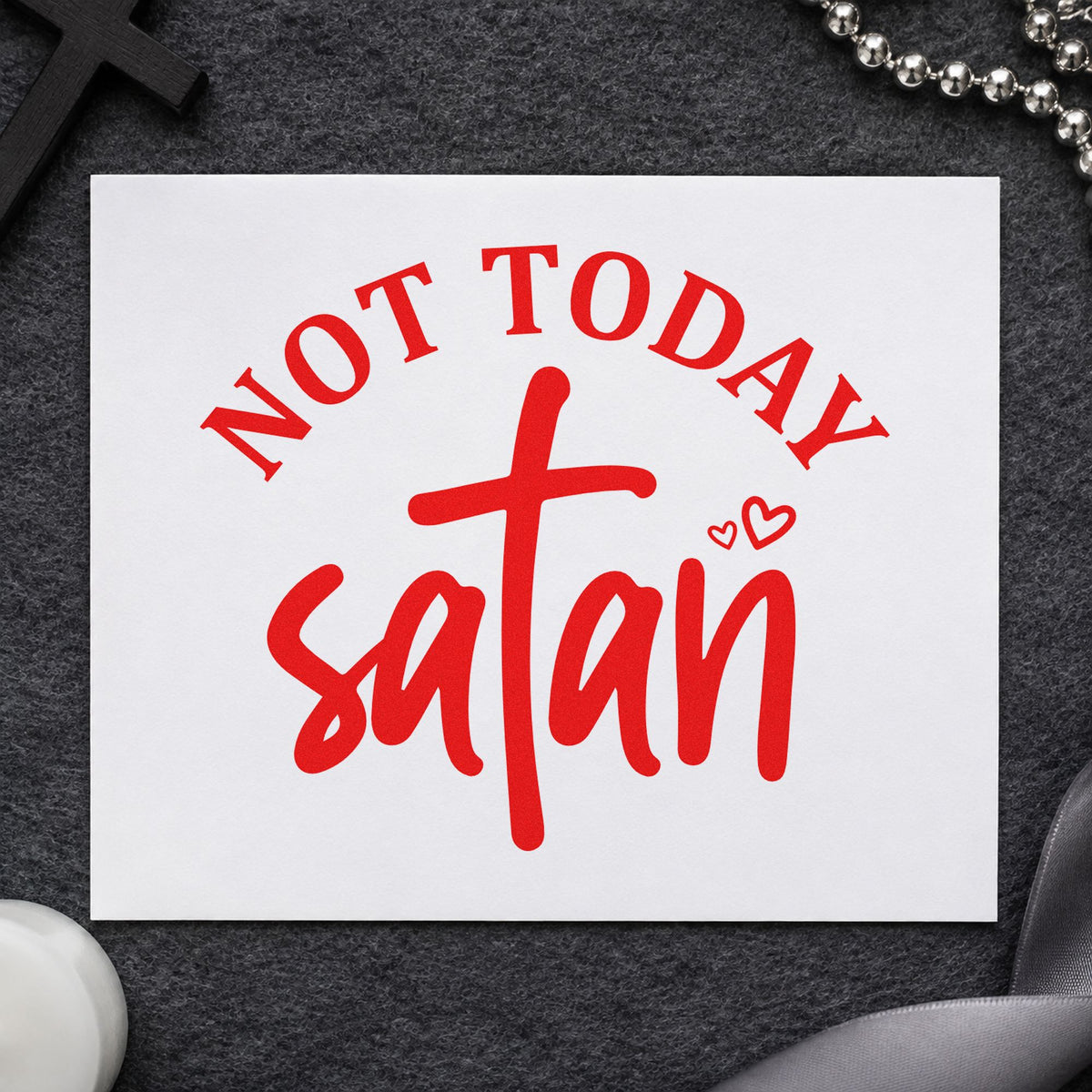 Not Today Satan Cross rubber stamp shown in red ink, stamped for projects such as planner stickers.