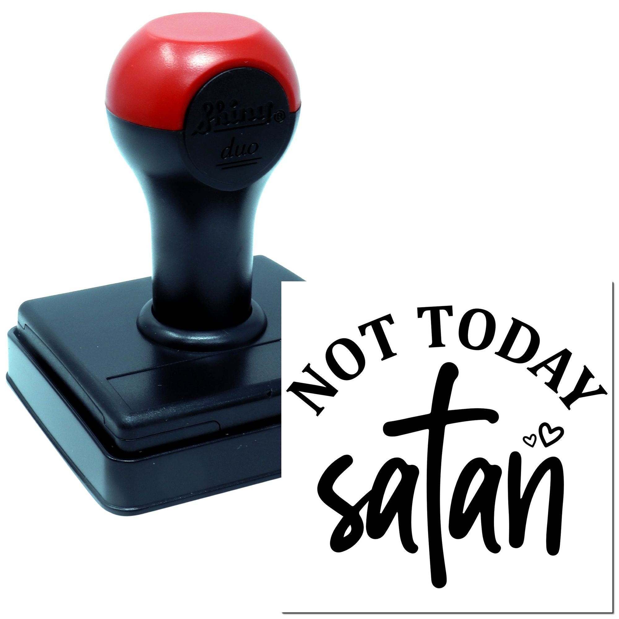 Self-inking rubber stamp with Not Today Satan design for funny custom crafts and bold novelty stamping.