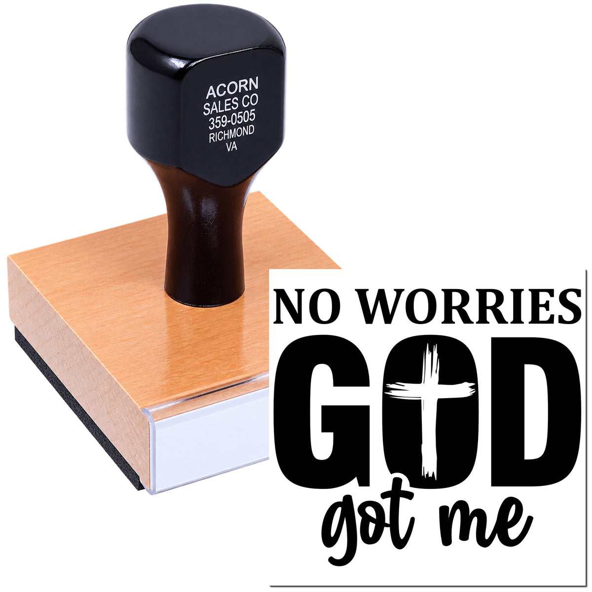 Custom rubber stamp with No Worries, God Got Me Christian faith design for inspirational crafts and stationery.
