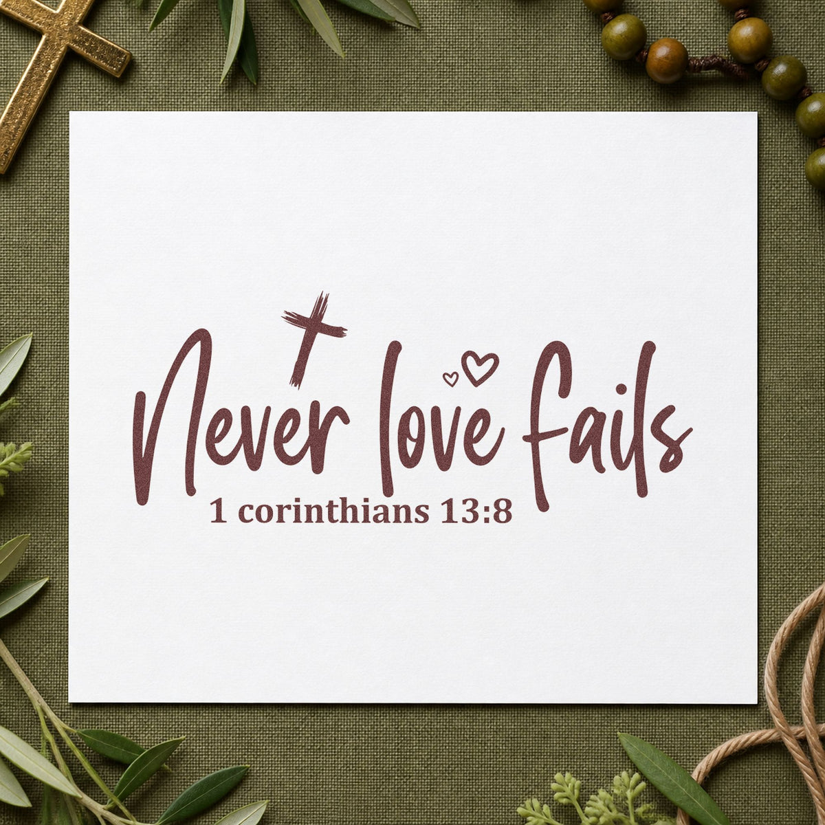 Never Love Fails rubber stamp printed in brown ink, ready for wedding album pages and similar paper crafts.