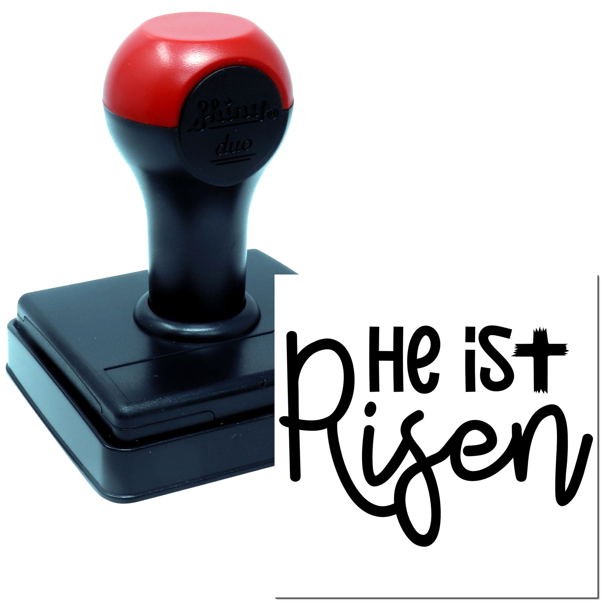 Self-inking rubber stamp with He Is Risen Easter message, ideal for religious cards, crafts, and church projects.