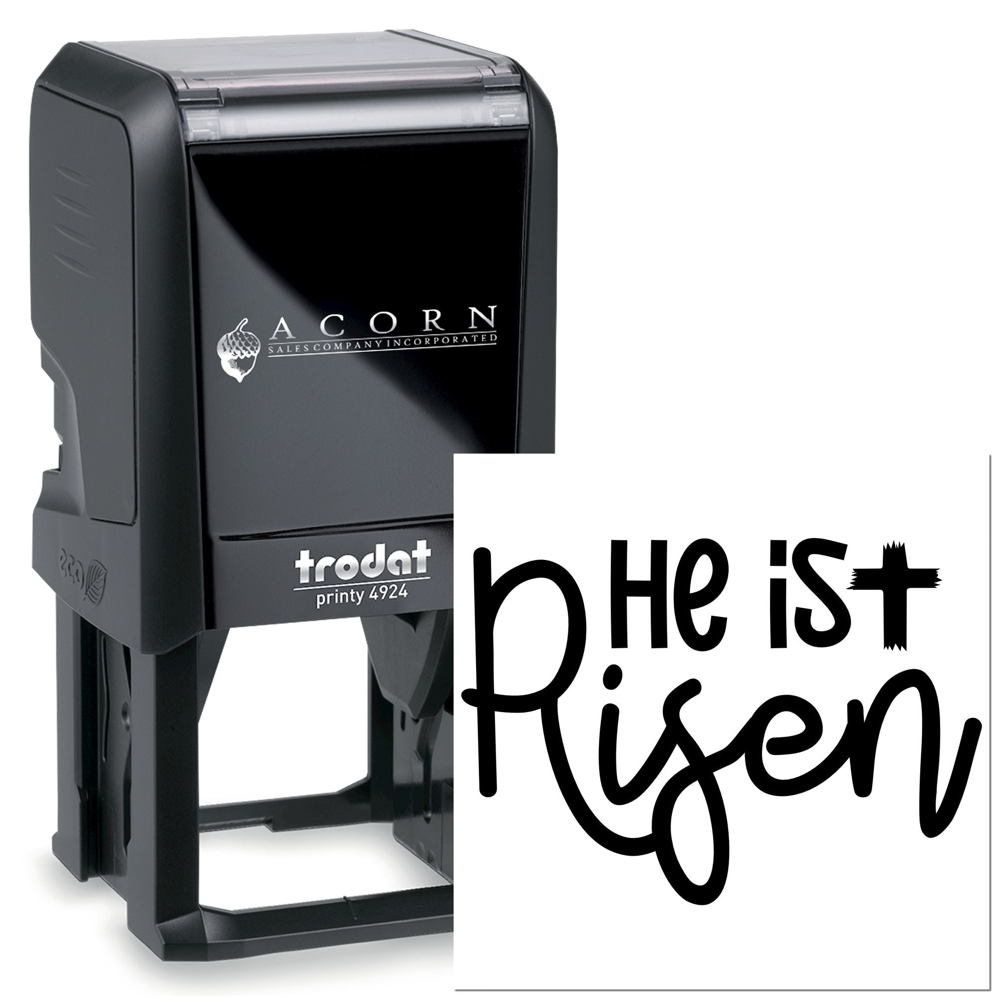 Custom self-inking rubber stamp with He Is Risen design, Trodat Printy 4924, ideal for Easter and Christian church use.
