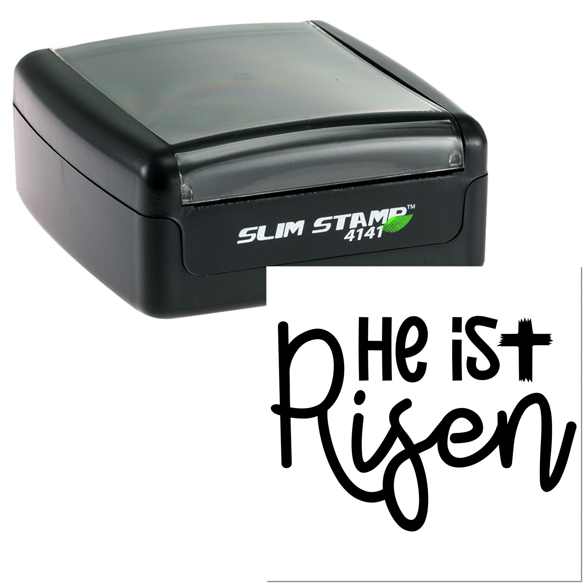 Slim Stamp 4141 self-inking rubber stamp with He Is Risen Christian design for Easter, church, and faith-based projects.