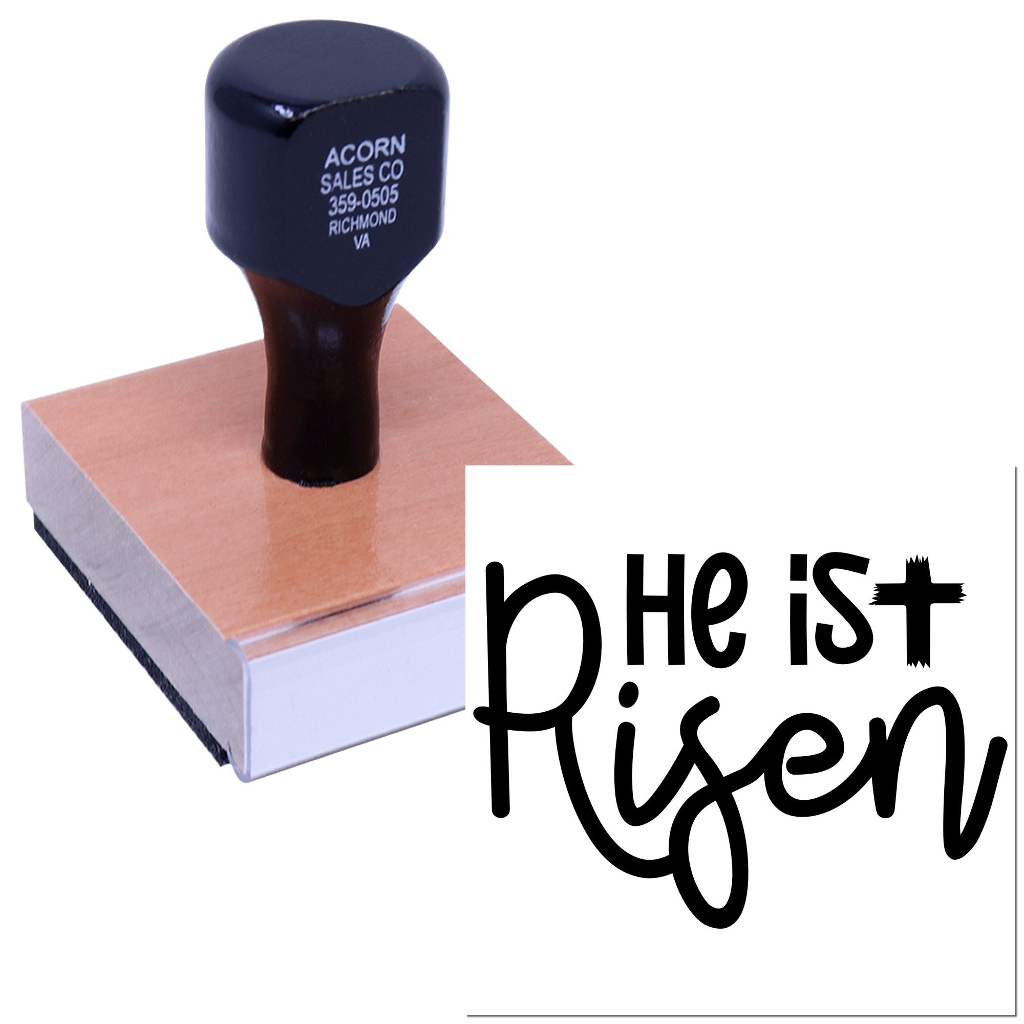 Wooden handle rubber stamp with He Is Risen design for Easter cards, church crafts, and Christian packaging.