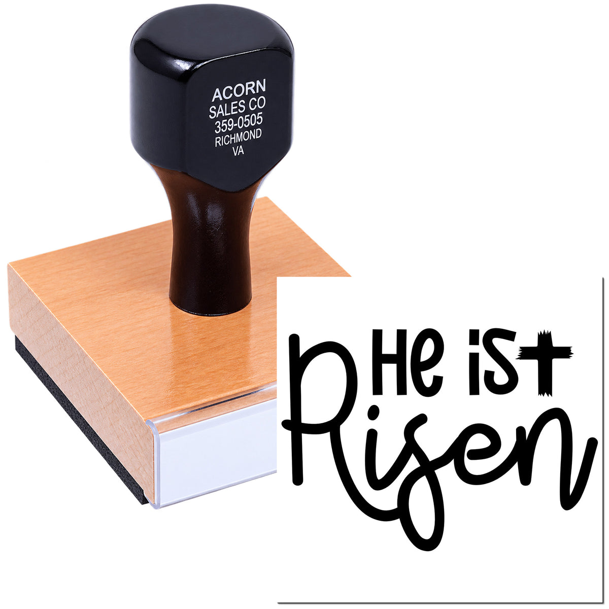 Wooden handle rubber stamp with He Is Risen design for Easter cards, church crafts, and Christian packaging.