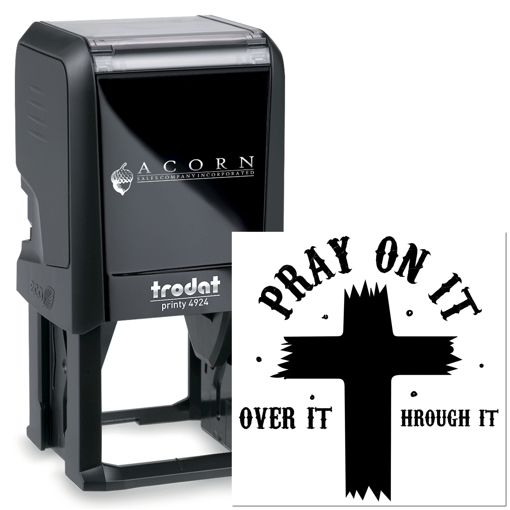 Custom self-inking rubber stamp with faith-based Pray on it, Over it, Through it cross design.