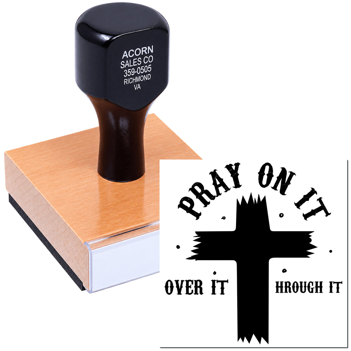 Custom rubber stamp with Pray on it, over it, through it Christian cross design for inspirational faith messaging.