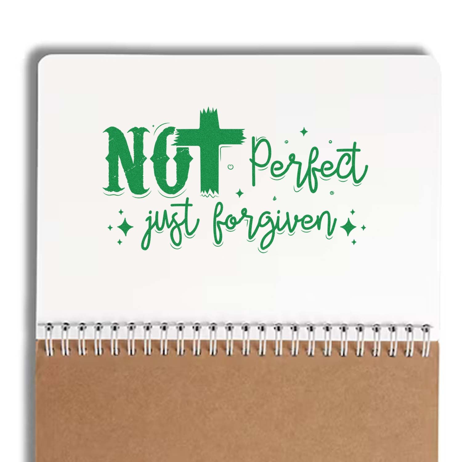 Green Christian rubber stamp design reading Not Perfect, Just Forgiven for faith-based crafts and journaling