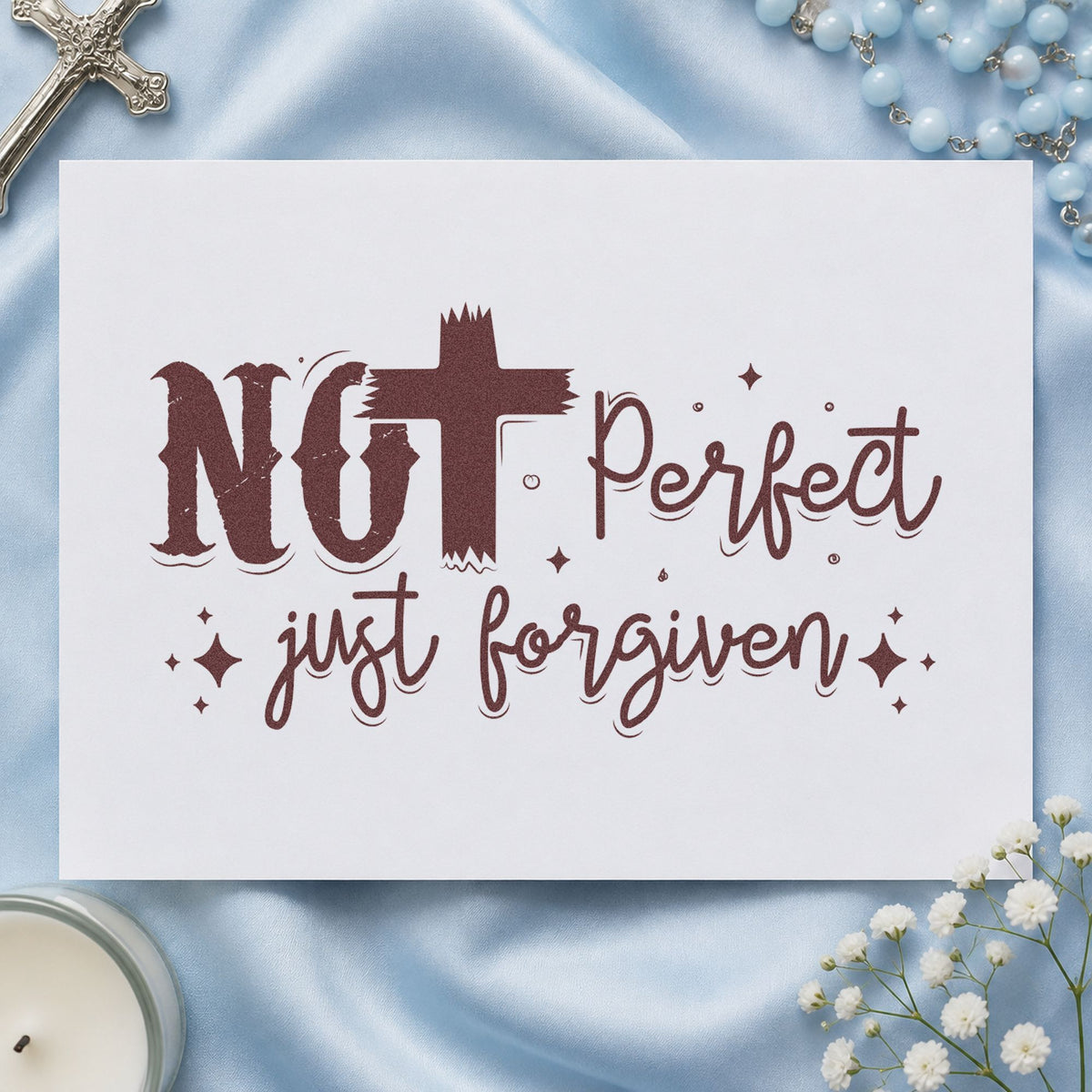 Not Perfect Just Forgiven Brush rubber stamp printed in brown ink, ready for candid pages and similar paper crafts.