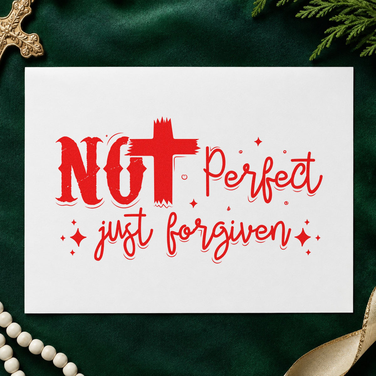 Not Perfect Just Forgiven Brush rubber stamp shown in red ink, stamped for projects such as planner cover stamping.
