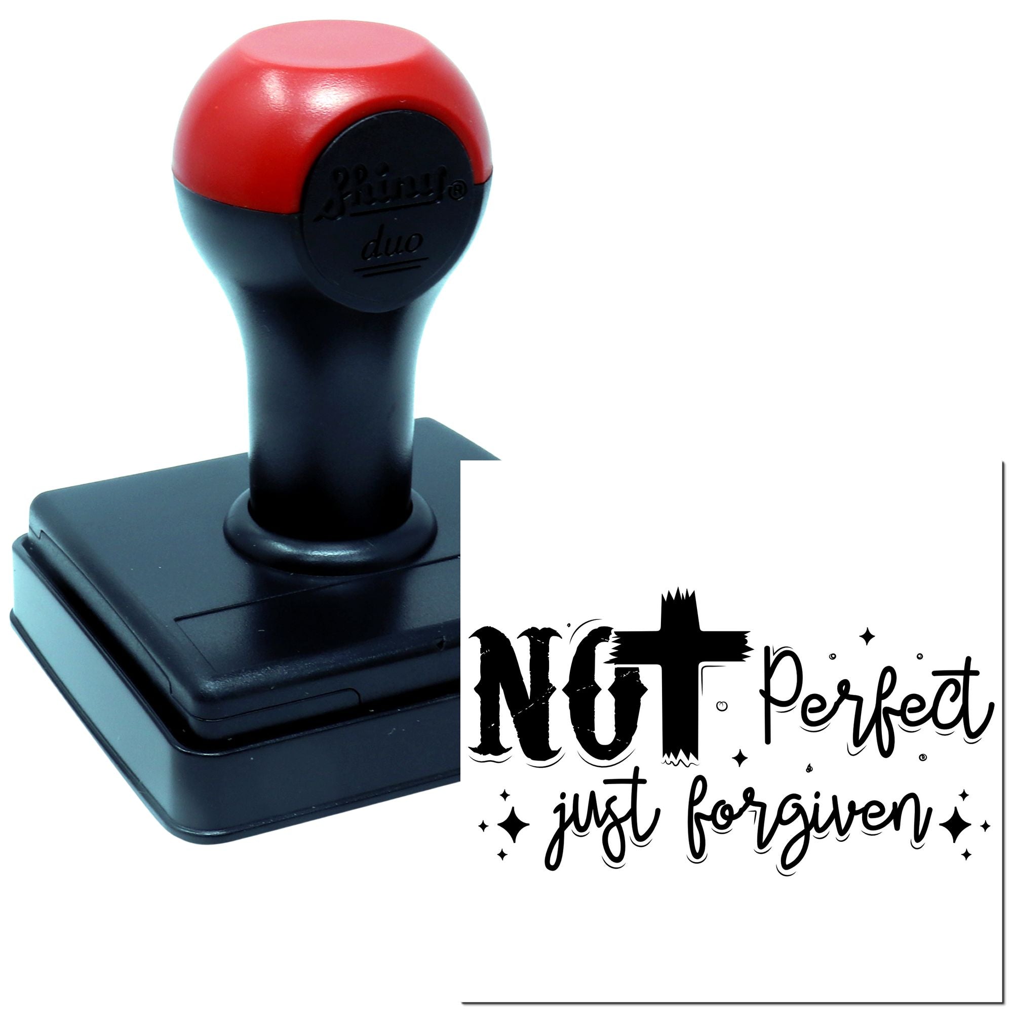 Christian self-inking rubber stamp featuring Not Perfect, Just Forgiven for faith-based crafts, journaling, and church use.