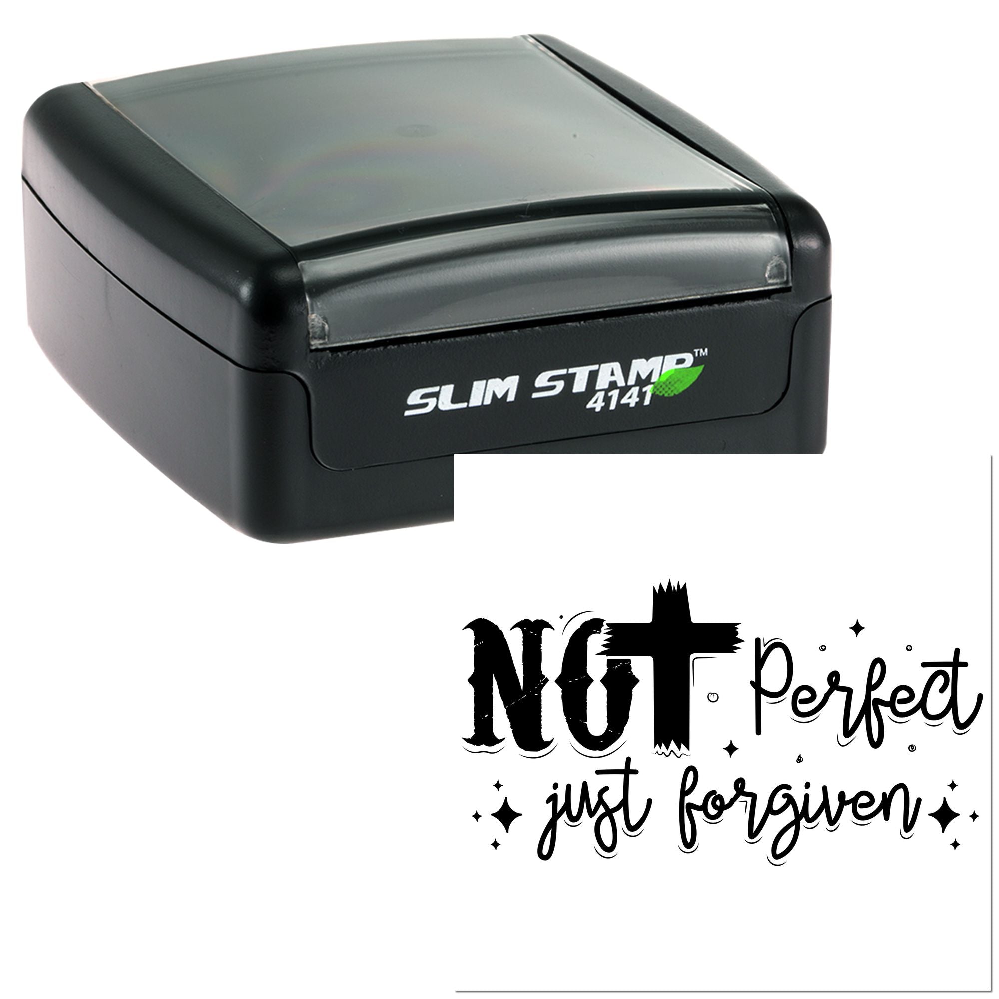 Slim self-inking rubber stamp with Not Perfect, Just Forgiven design for faith-based crafts and office use.