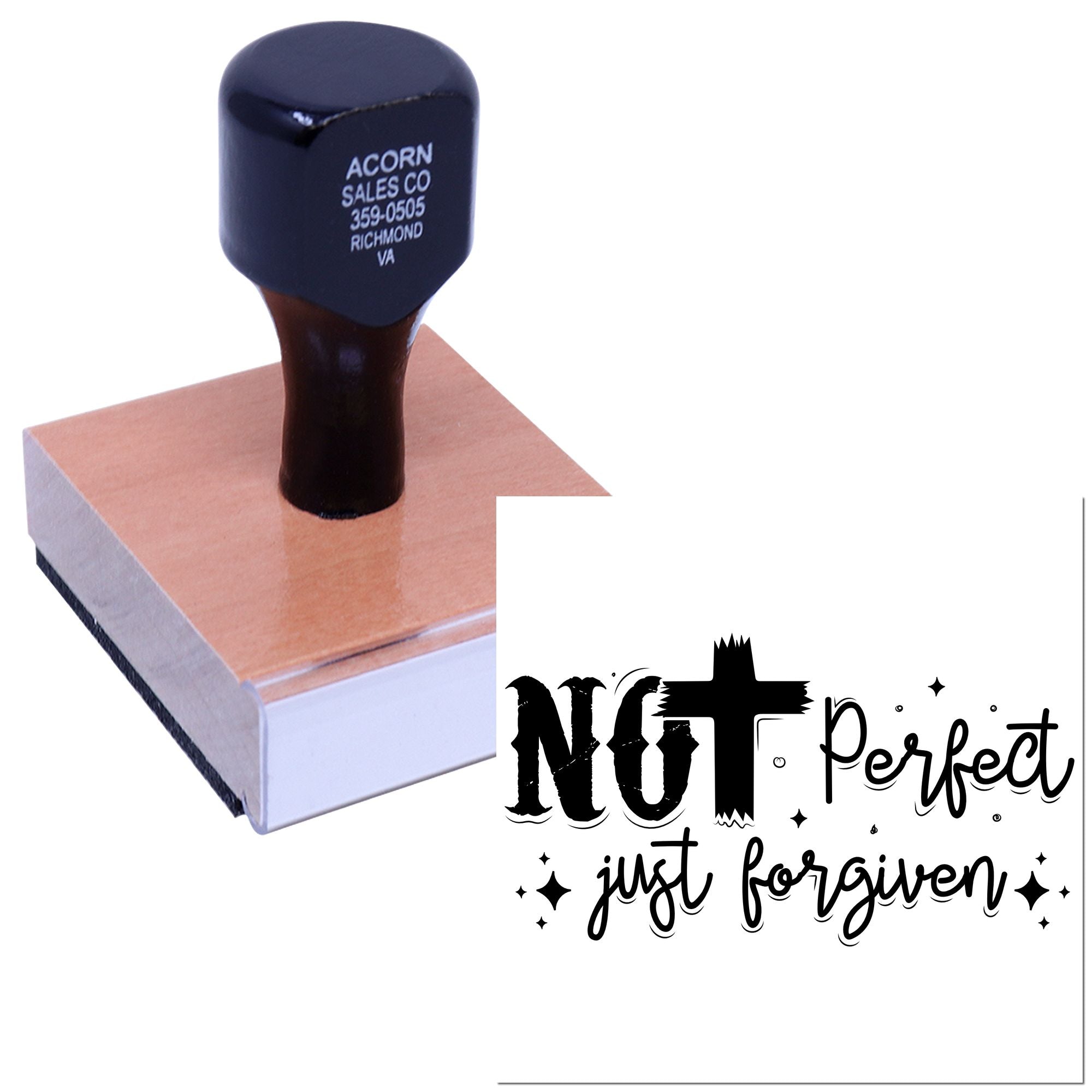 Christian rubber stamp with Not Perfect, Just Forgiven quote for faith-based crafts, journaling, and scrapbooking.