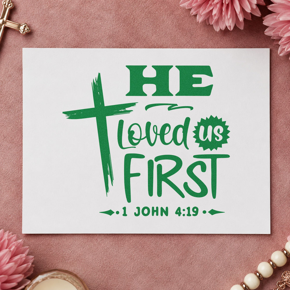 He Loved Us First Brushstroke Cross PSI Pre-Inked Stamp in use 3