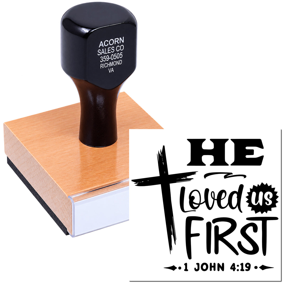 Custom rubber stamp with He Loved Us First and 1 John 4:19, ideal for Bible journaling, faith crafts, and religious projects.