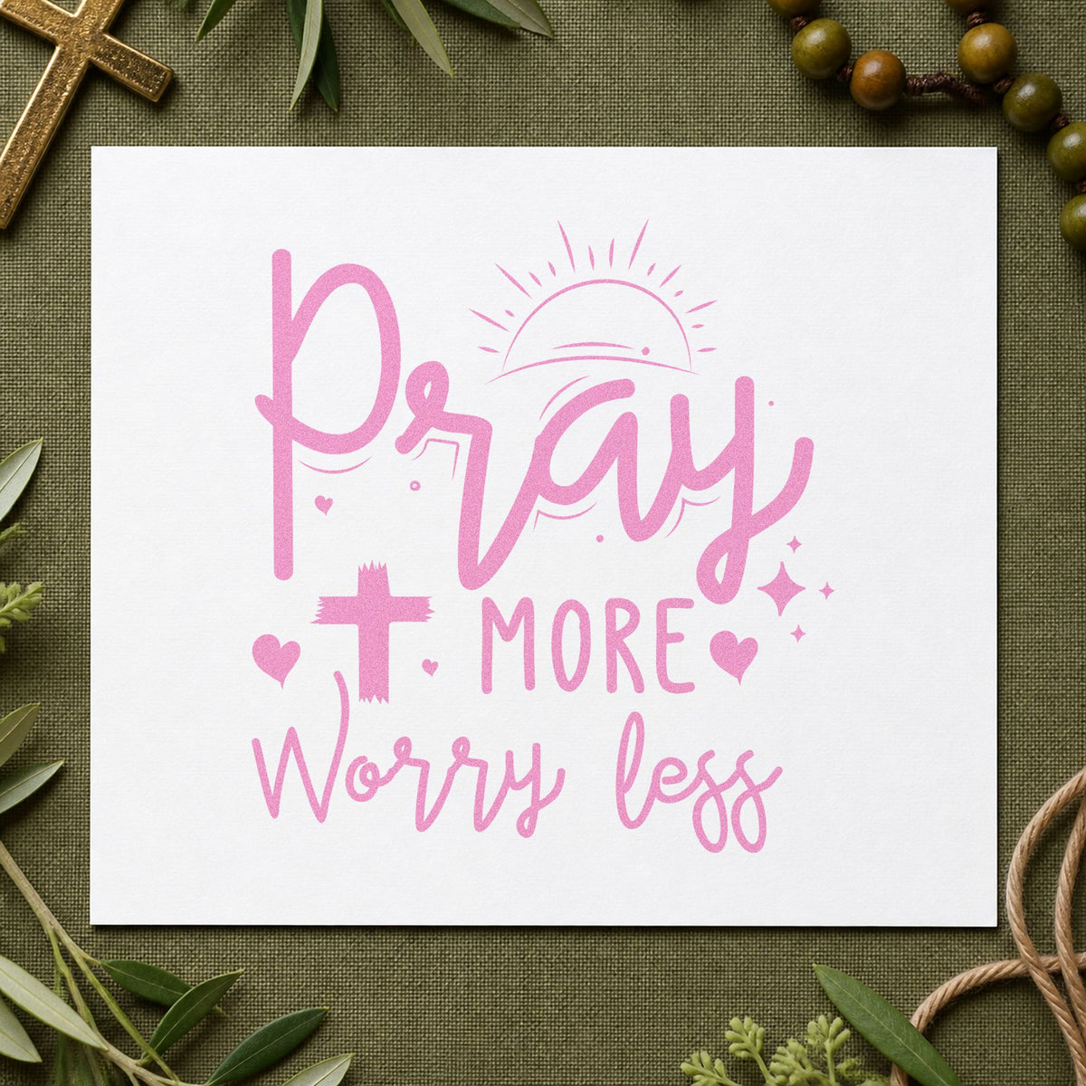 Pray More Worry Less Sunrise craft stamp in purple ink on cardstock, an easy option for kitchen wall art.