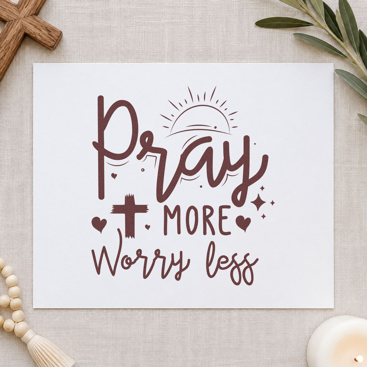 Pray More Worry Less Sunrise rubber stamp printed in brown ink, ready for calm pages and similar paper crafts.