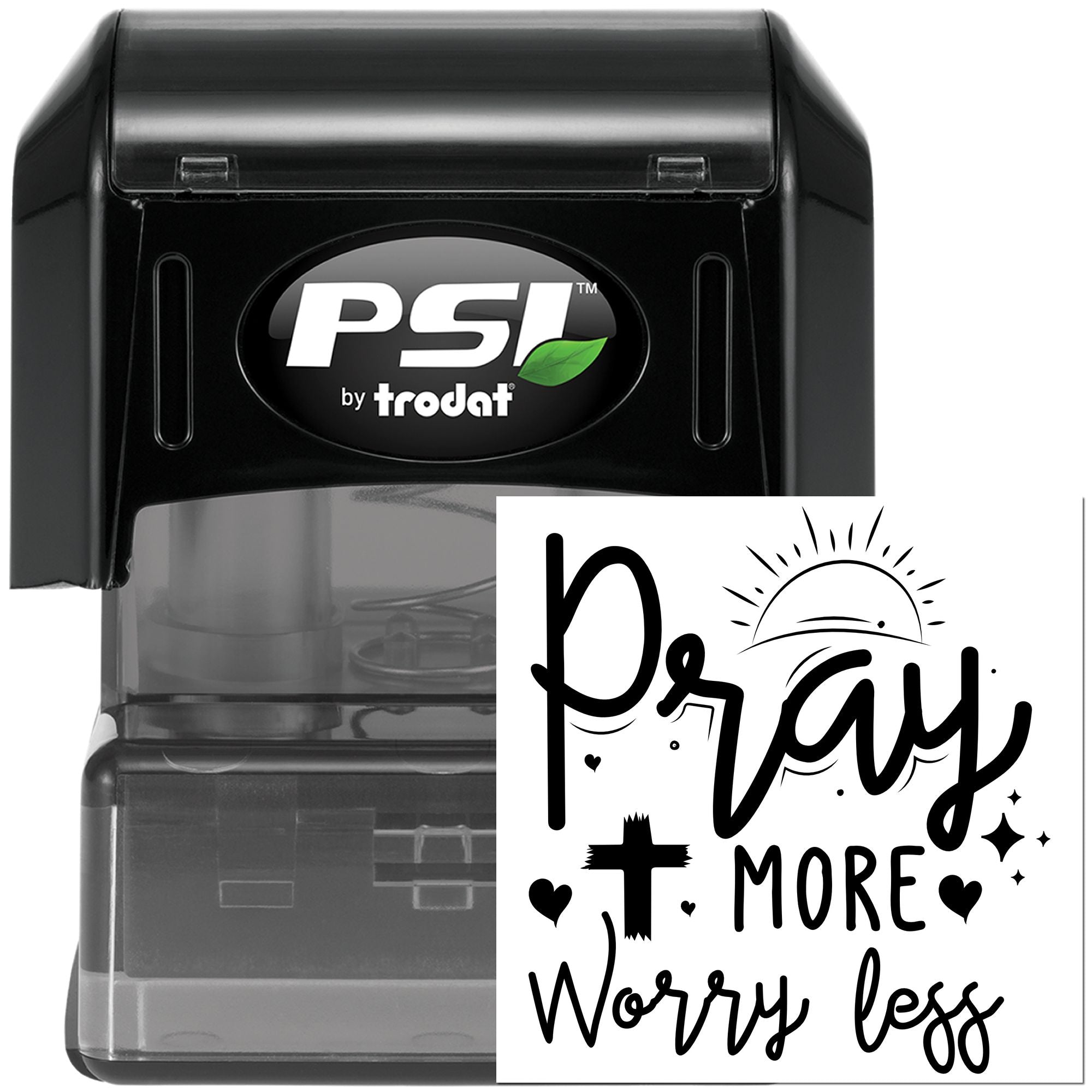 PSI by Trodat self-inking rubber stamp with Pray More Worry Less faith design for Christian crafts and paper stamping.