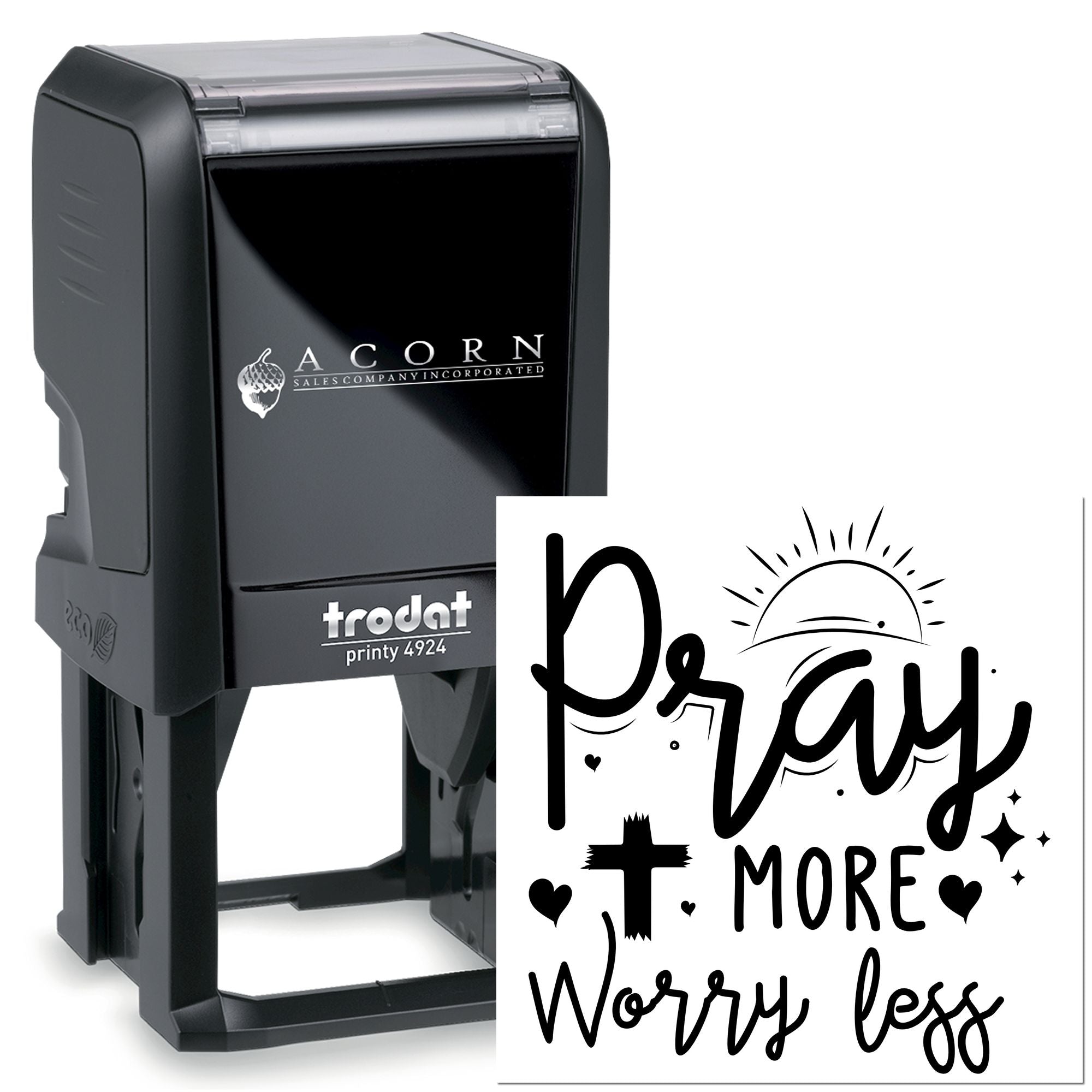 Custom self-inking rubber stamp with Pray More Worry Less design for faith-based crafts, stationery, and labeling.
