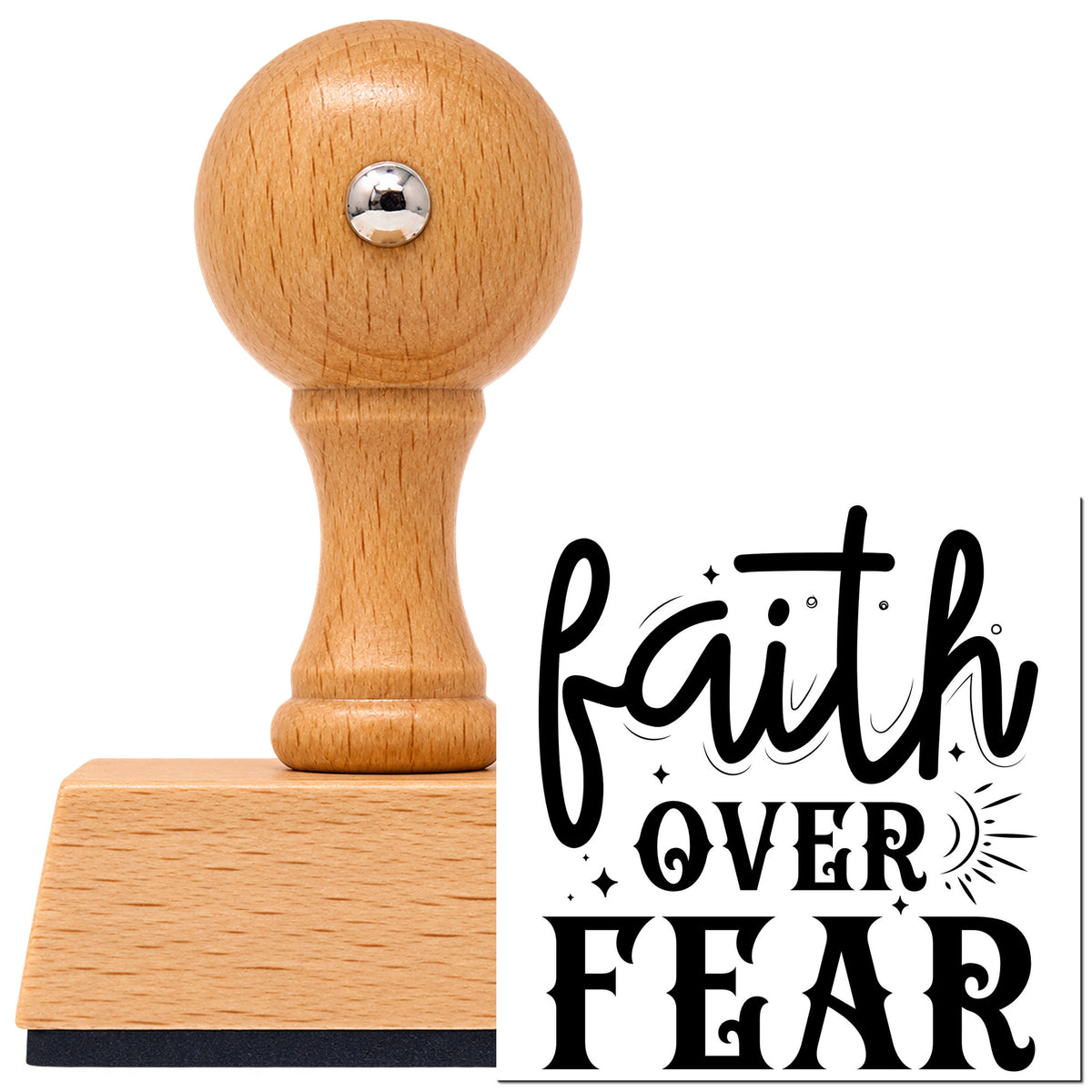 Faith Over Fear Sunburst With Sparkles Vintage Pro rubber stamp in European beech wood with a round knob handle, shown beside its black imprint.