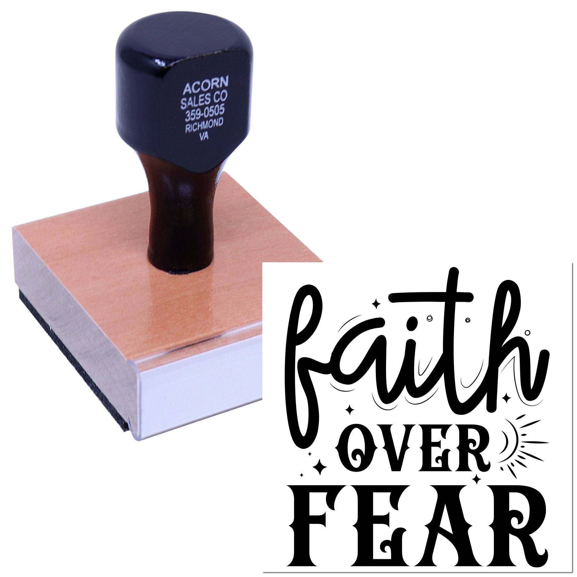 Custom rubber stamp featuring Faith Over Fear design for inspirational crafts, card making, and faith-based branding.
