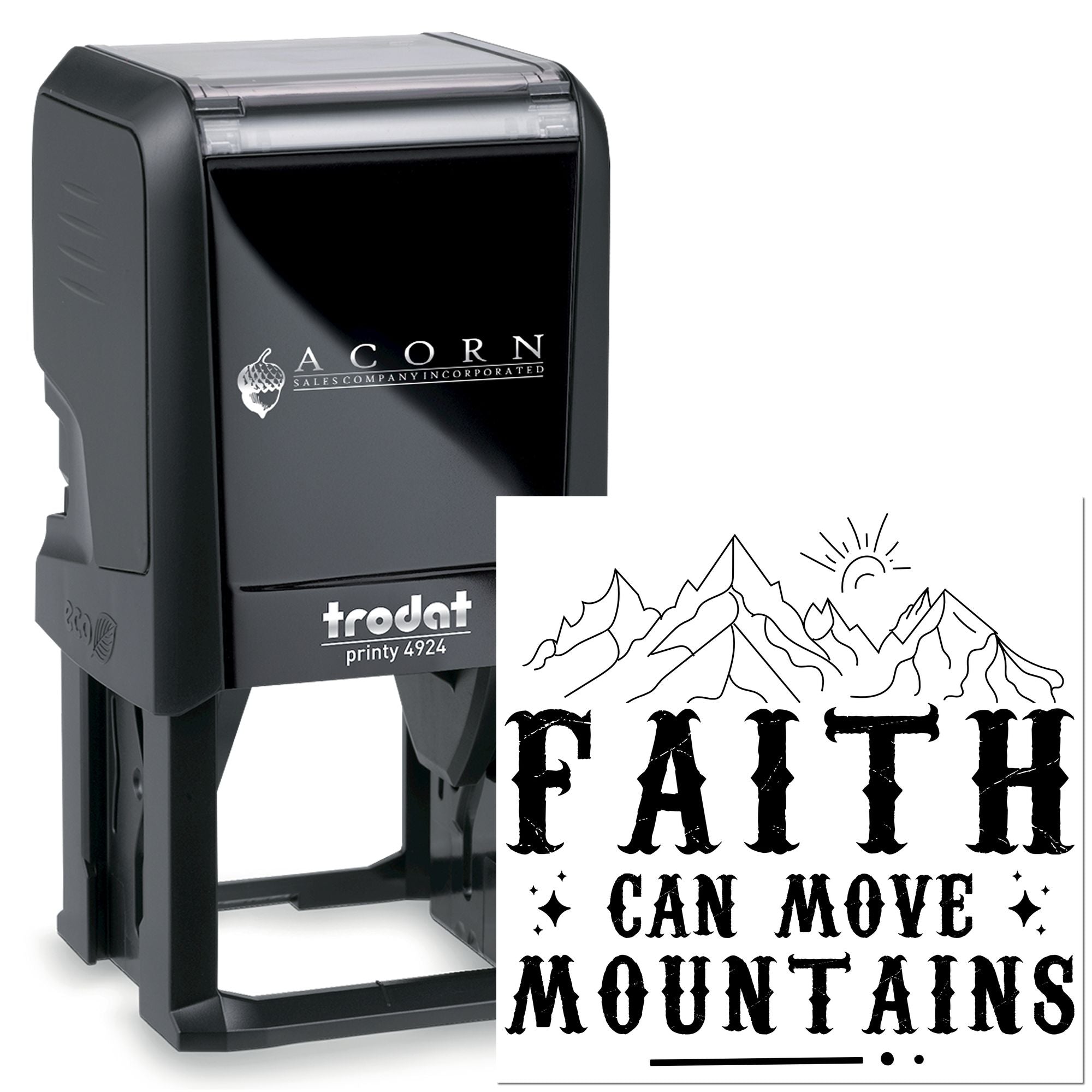 Custom self-inking rubber stamp, Trodat Printy 4924, with Faith Can Move Mountains mountain logo for branding or crafts.