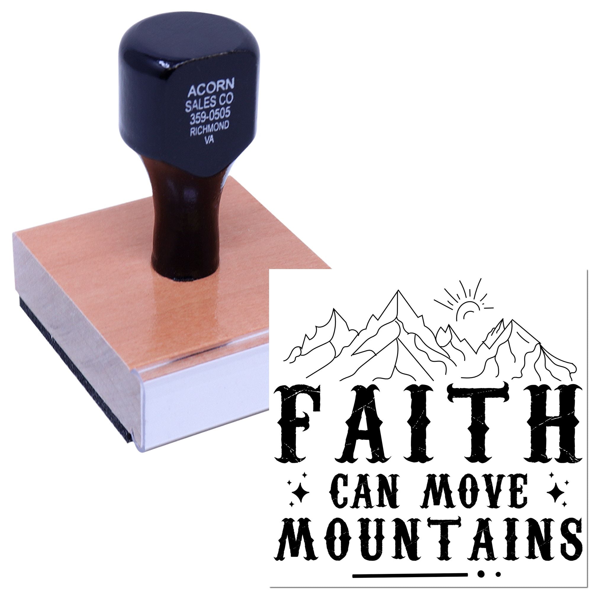 Custom rubber stamp with Faith Can Move Mountains design for religious crafts, Bible journaling, and inspirational projects.