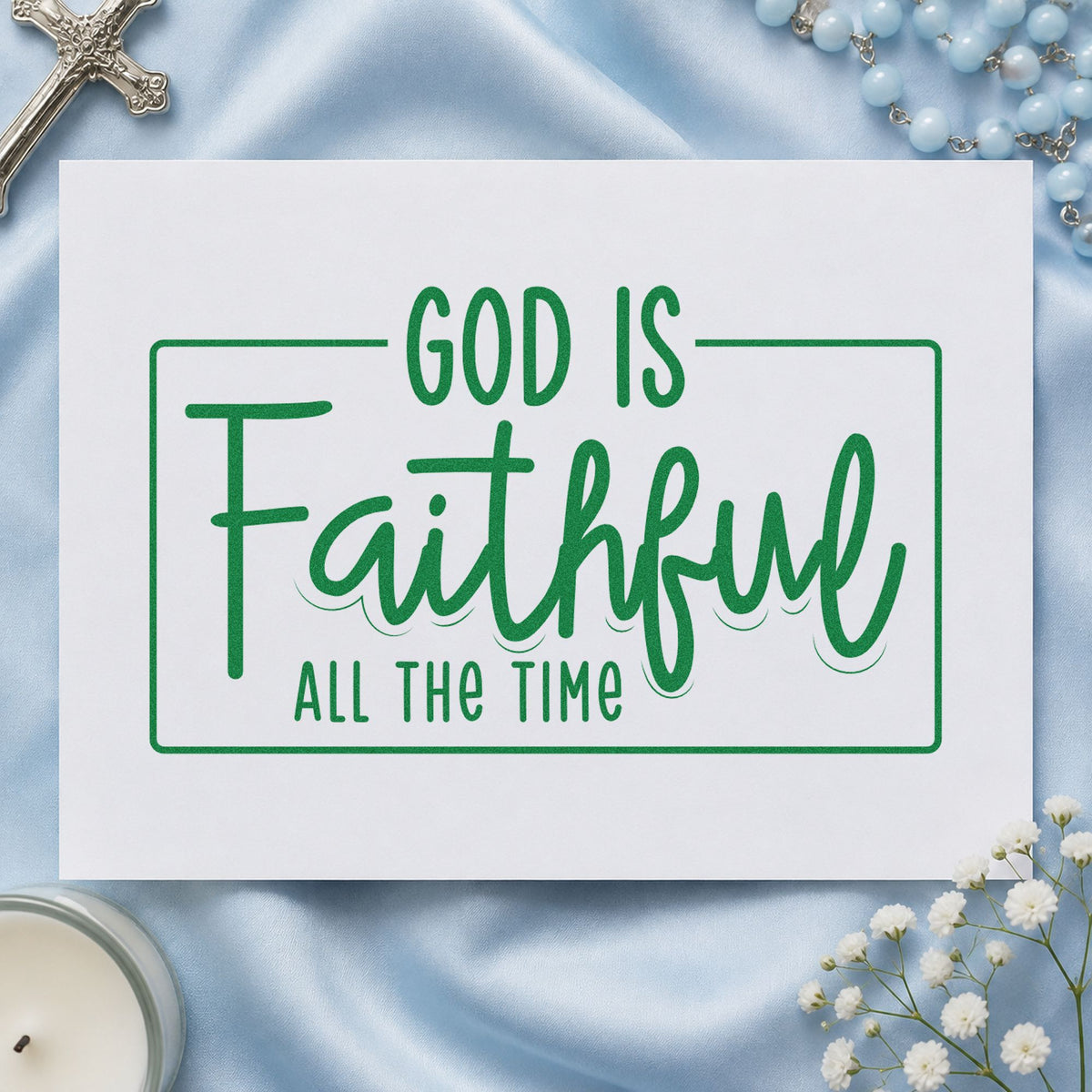 God Is Faithful craft stamp imprint in green ink on a handmade project, one idea being testimony pages.