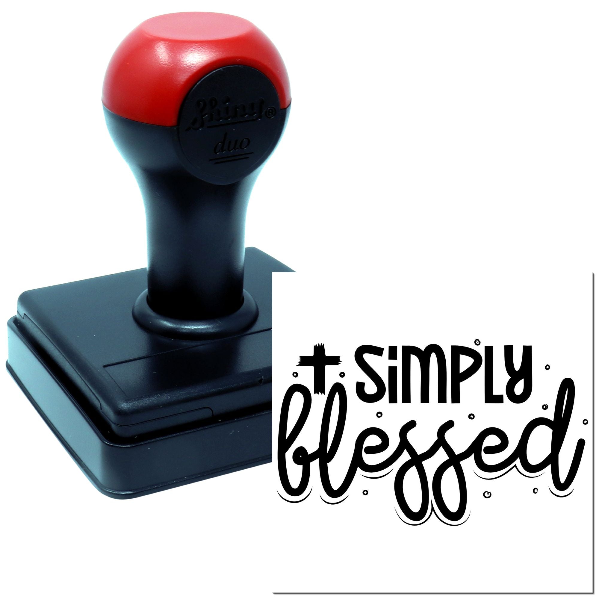 Custom self-inking rubber stamp with Simply Blessed design for cards, crafts, and gift packaging.