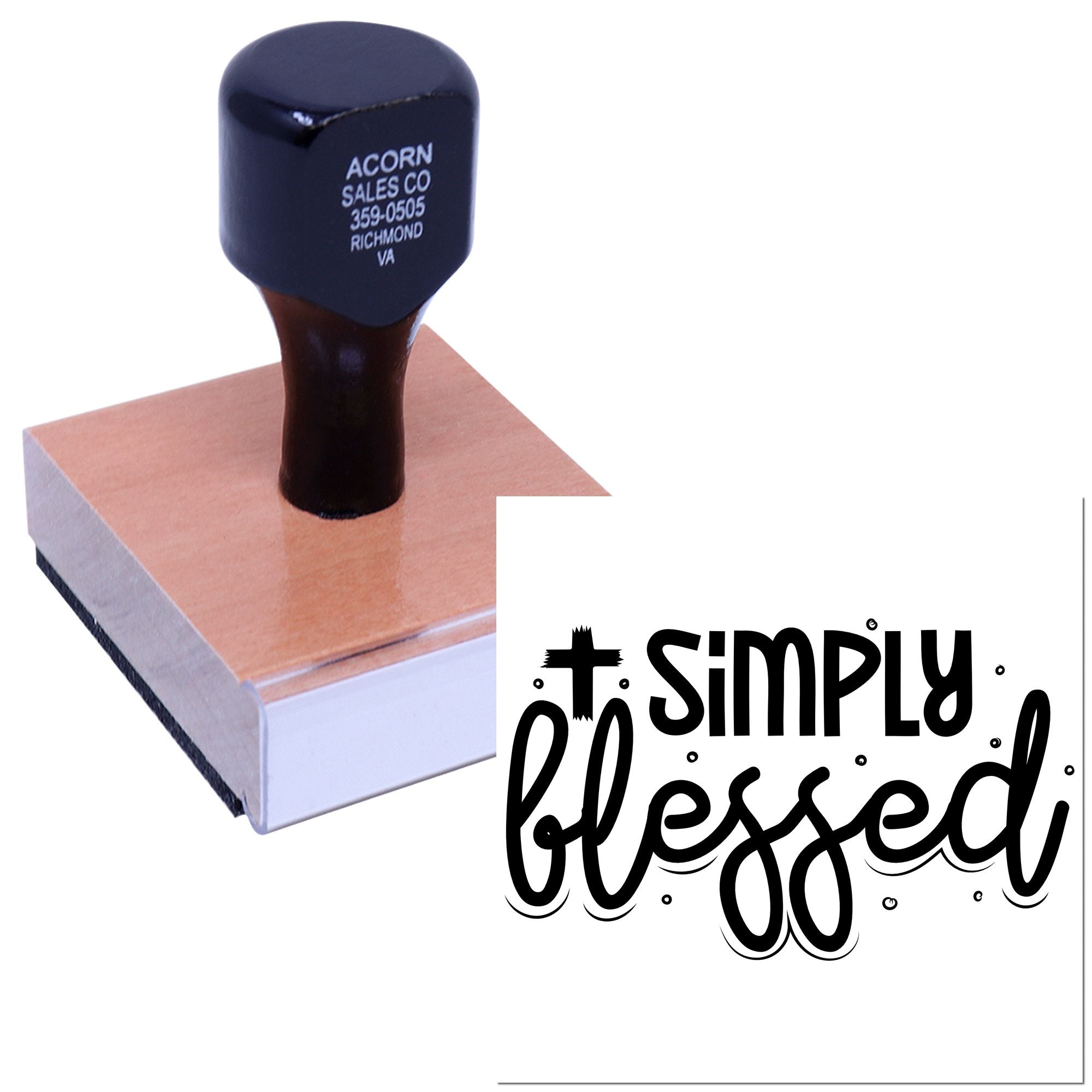 Custom rubber stamp with Simply Blessed design for faith-based crafts, invitations, and handmade gift packaging.
