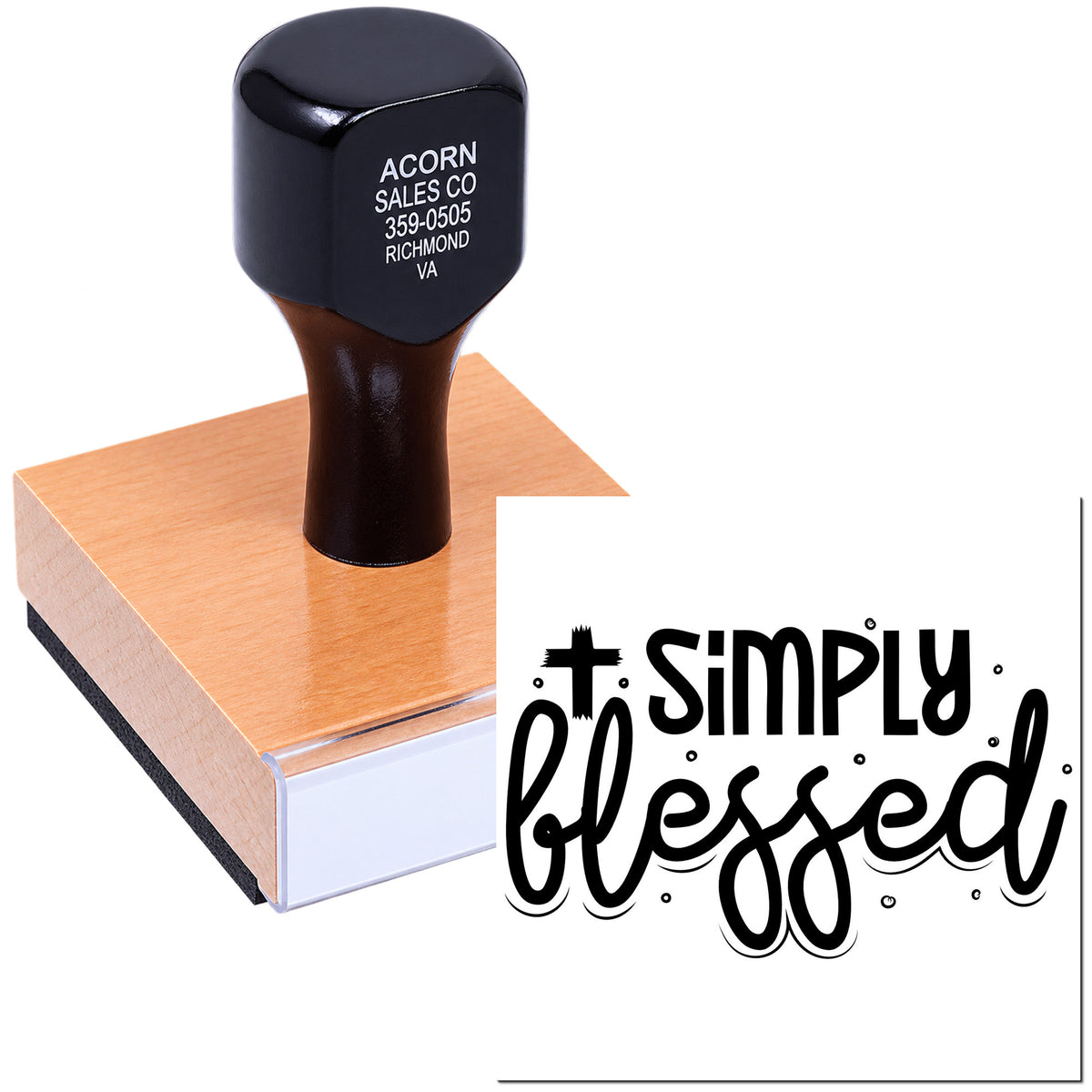 Custom rubber stamp with Simply Blessed design for faith-based crafts, invitations, and handmade gift packaging.