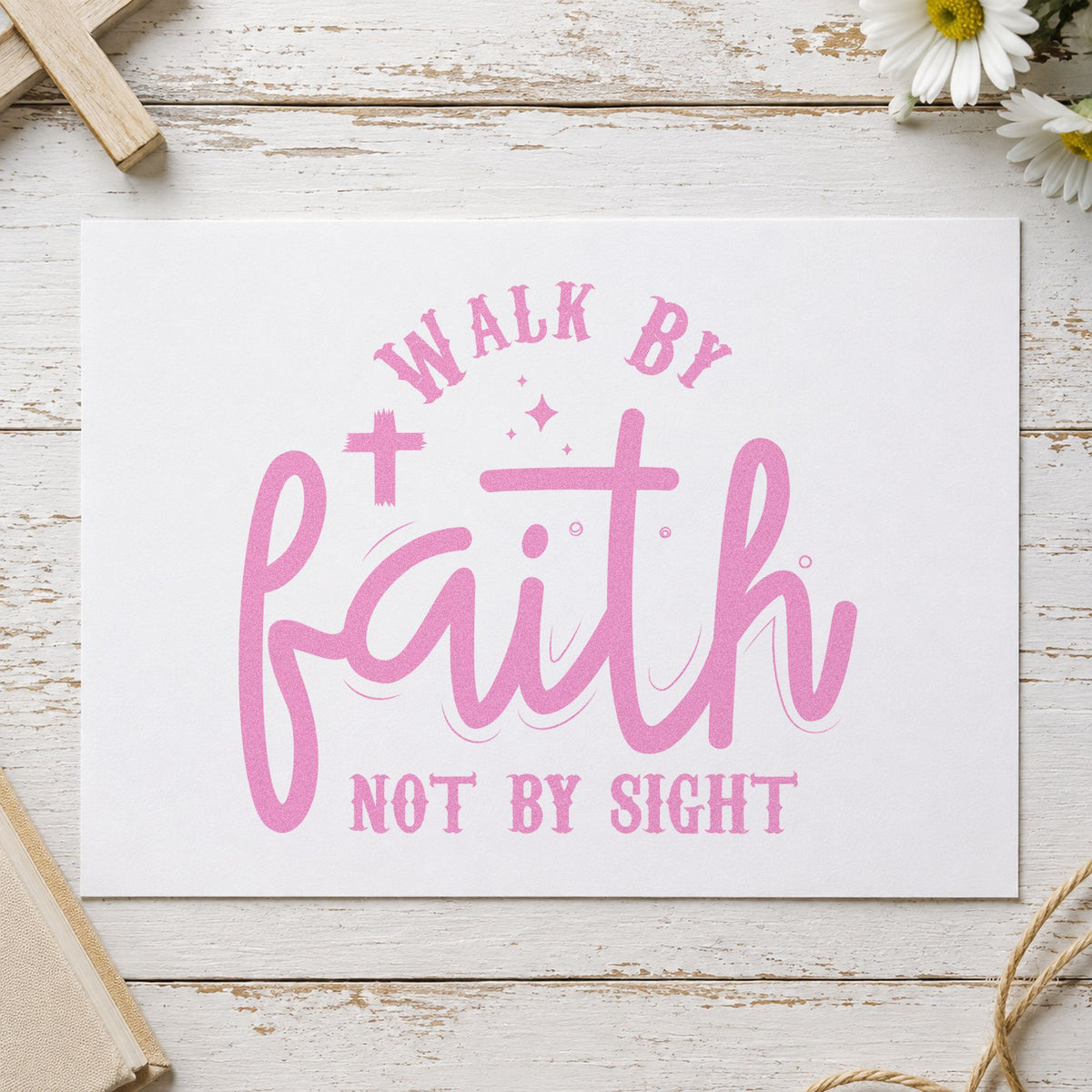 Walk by Faith Not Sight craft stamp in purple ink on cardstock, an easy option for vision loss support.