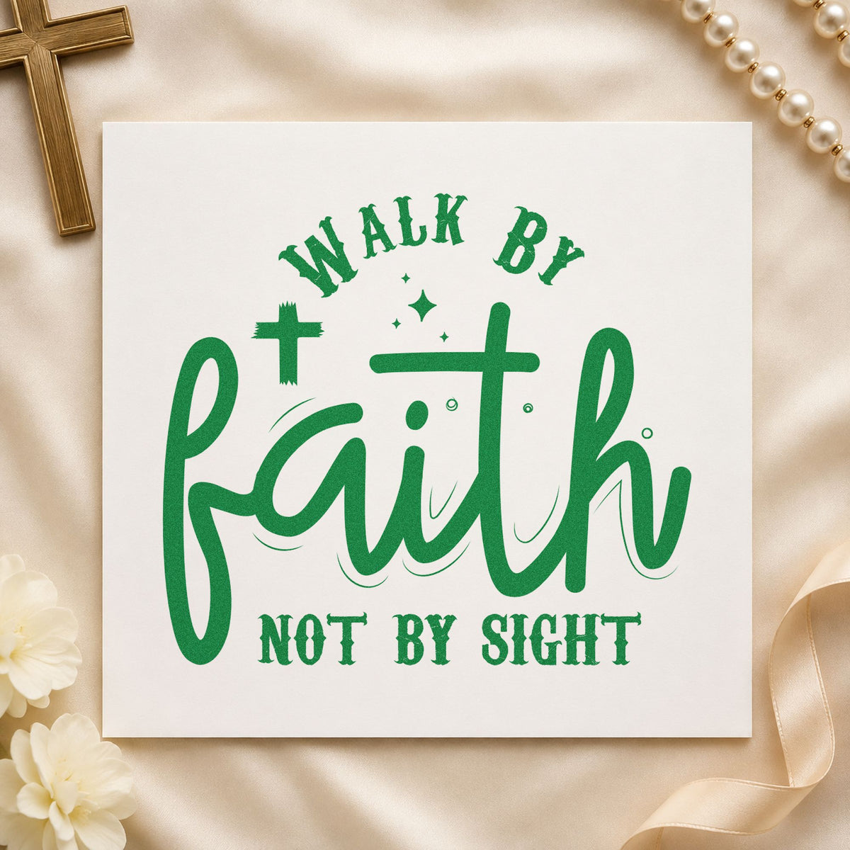 Walk by Faith Not Sight craft stamp imprint in green ink on a handmade project, one idea being framed entry art.