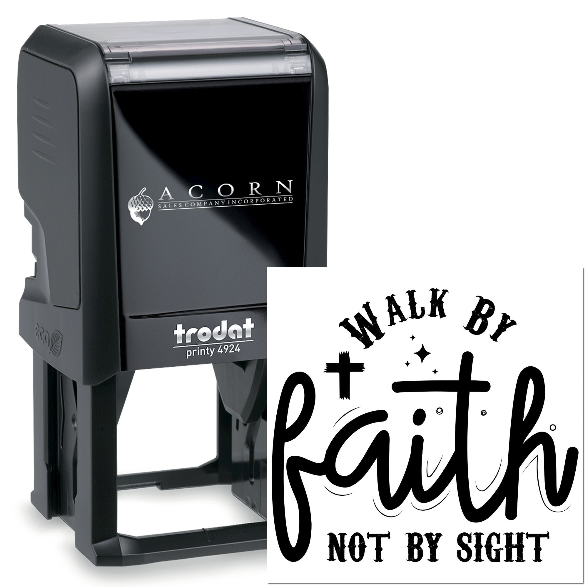 Trodat Printy 4924 self-inking custom rubber stamp with Walk by faith, not by sight imprint for Christian branding.