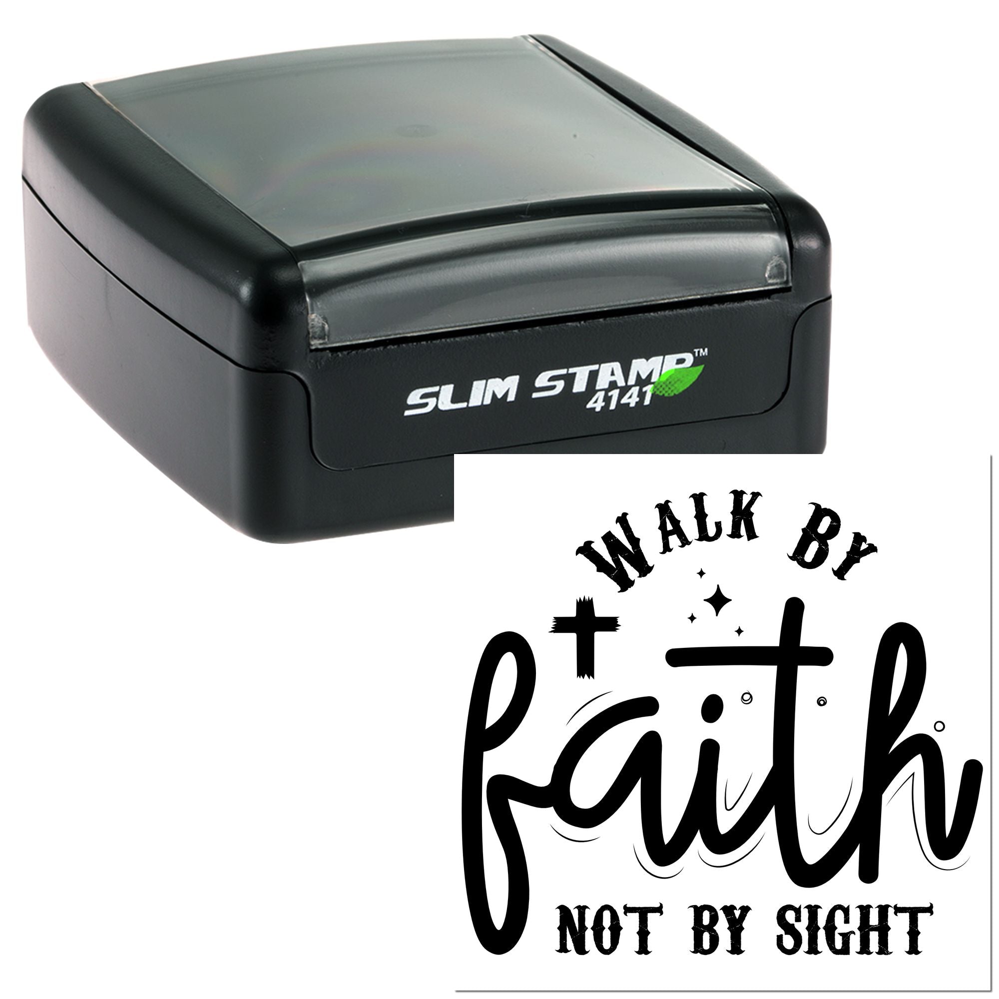 Self-inking rubber stamp with Walk by Faith, Not by Sight Christian quote and cross design.