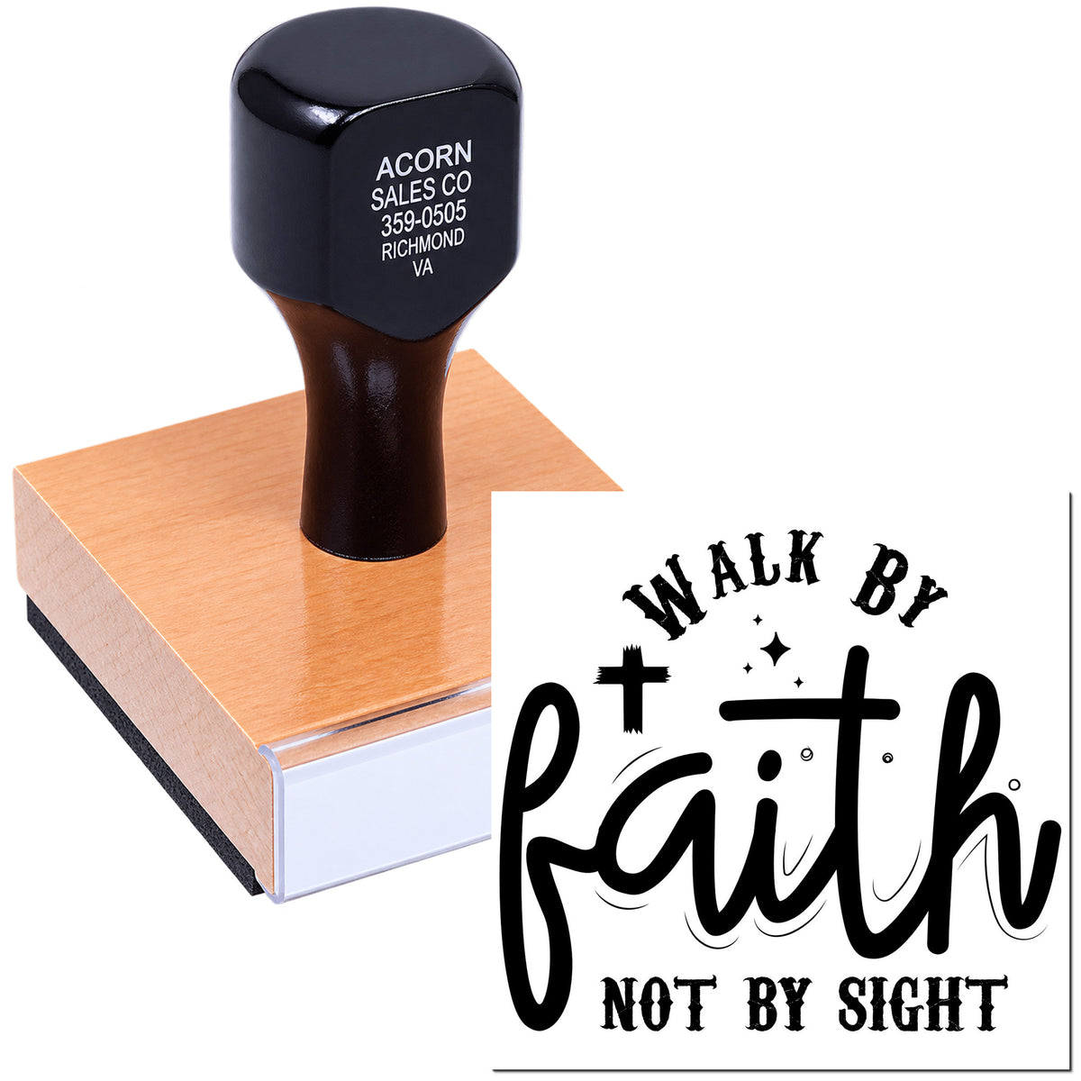 Christian rubber stamp with Walk by Faith Not by Sight design for faith-based crafts, cards, and branding.