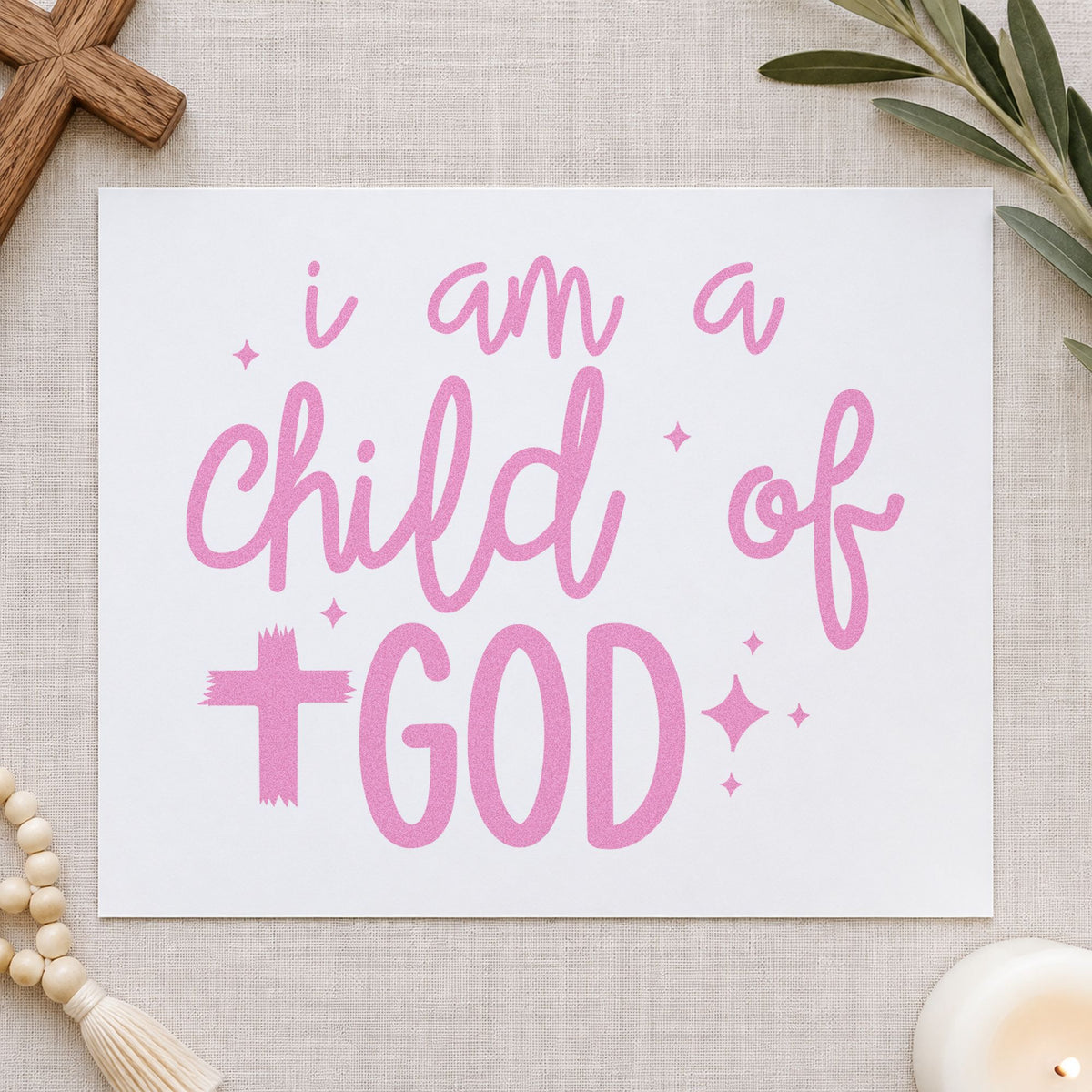 I Am a Child of God craft stamp in purple ink on cardstock, an easy option for dedication gifts.