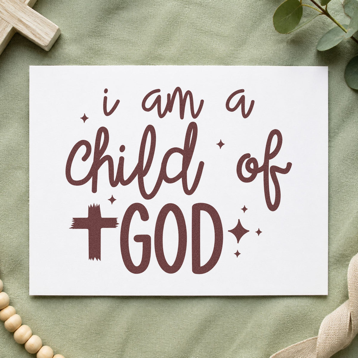 I Am a Child of God rubber stamp printed in brown ink, ready for newborn pages and similar paper crafts.