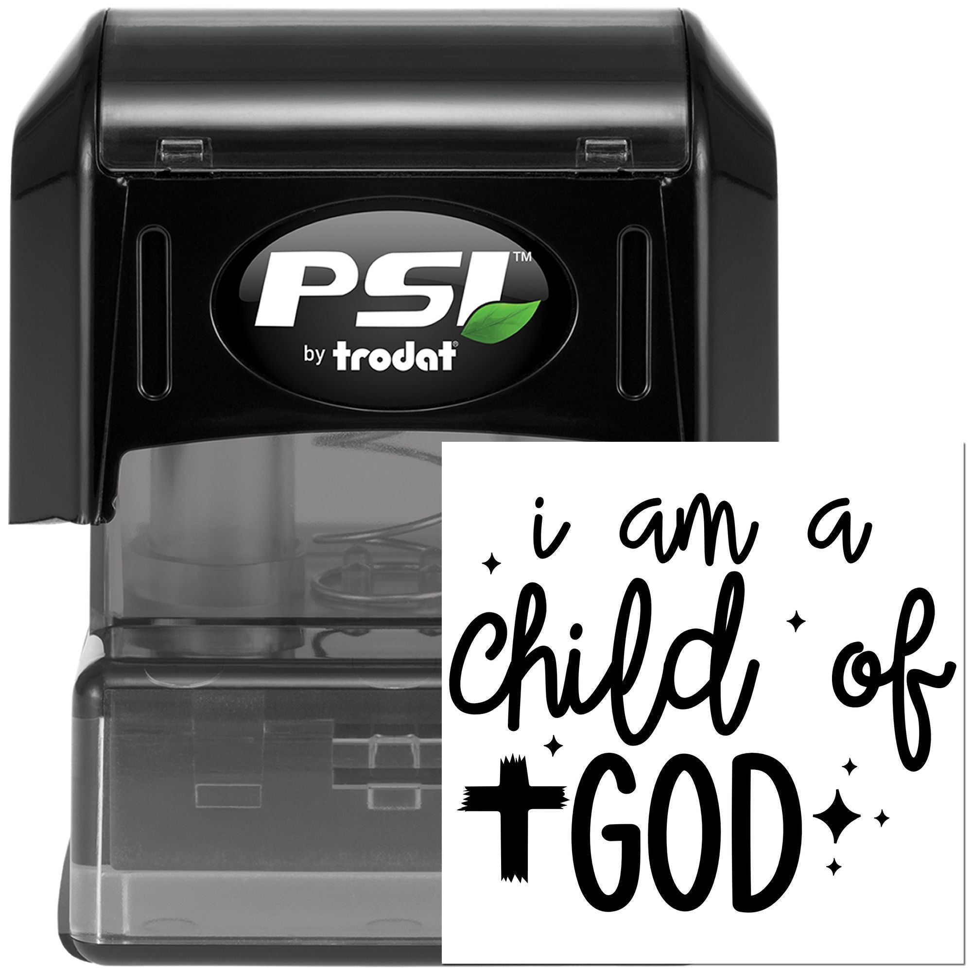 Self-inking PSI Trodat rubber stamp with I am a child of God design for faith-based crafts, packaging, and custom marking.