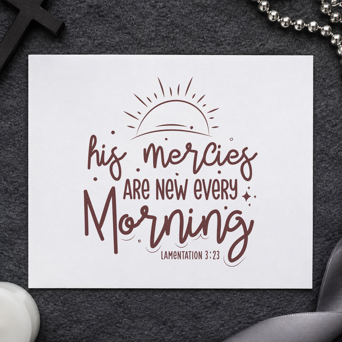 Mercies New Every Morning Sunrise rubber stamp printed in brown ink, ready for morning pages and similar paper crafts.